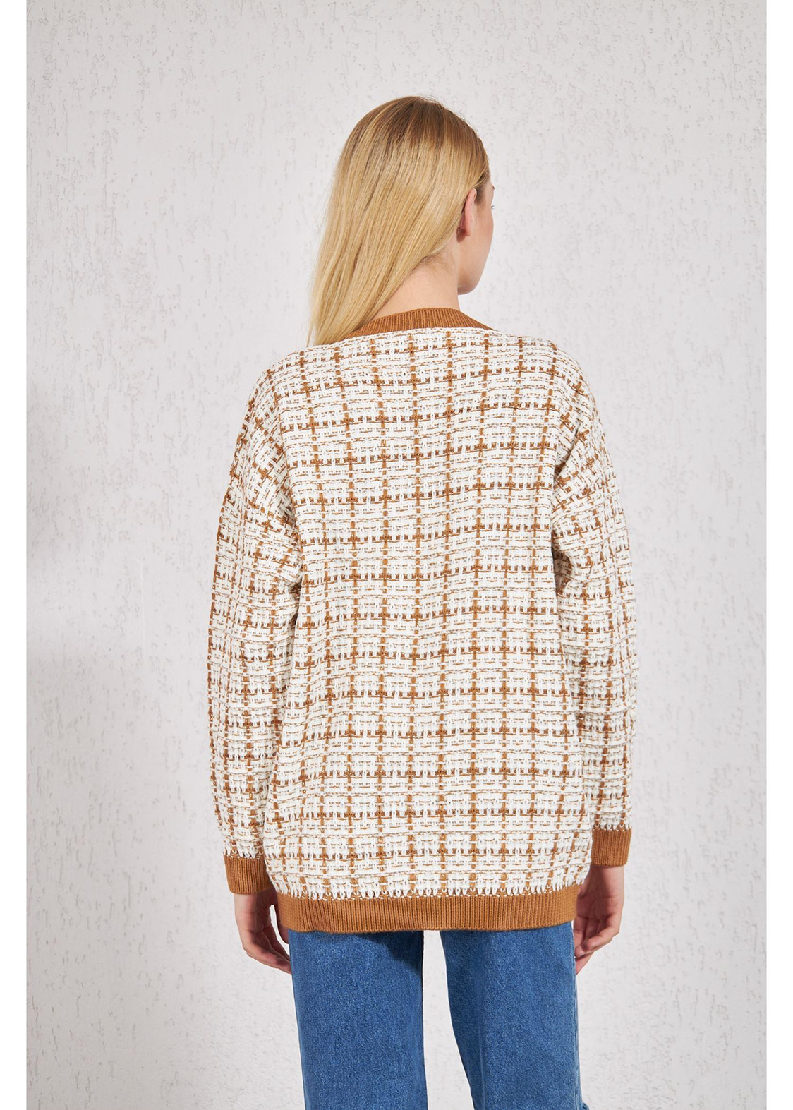 Desenli Cepli Triko Hırka-Camel