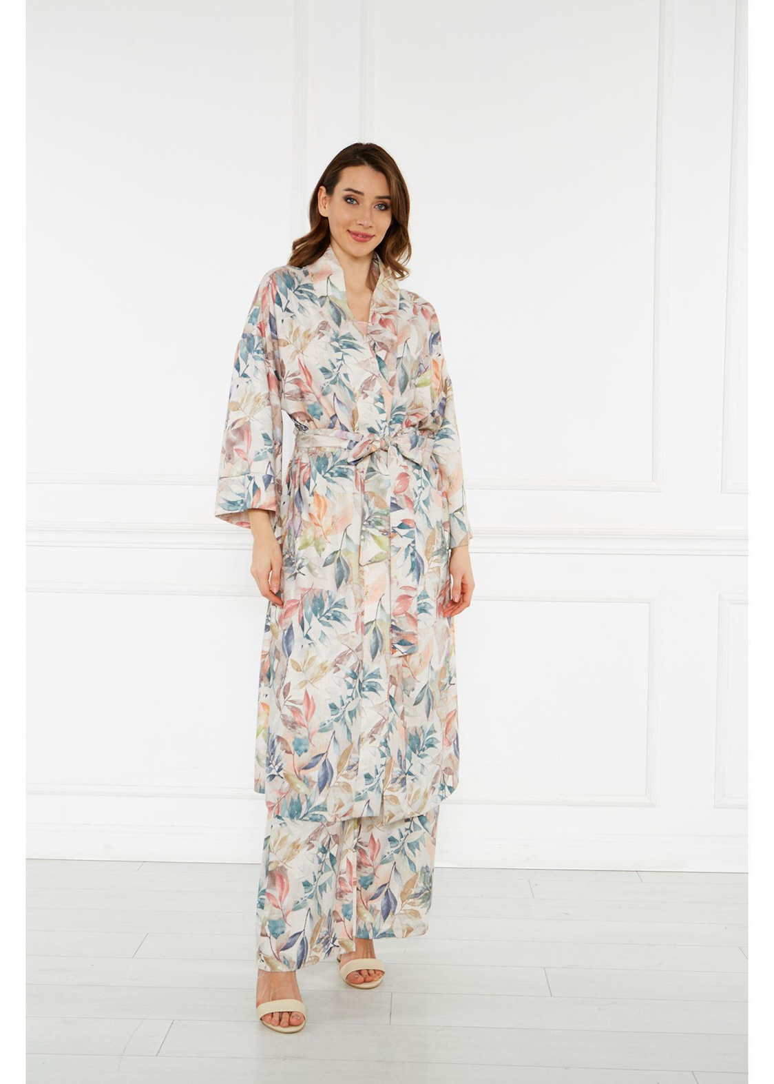 Desenli Keten Kimono-Yeşil