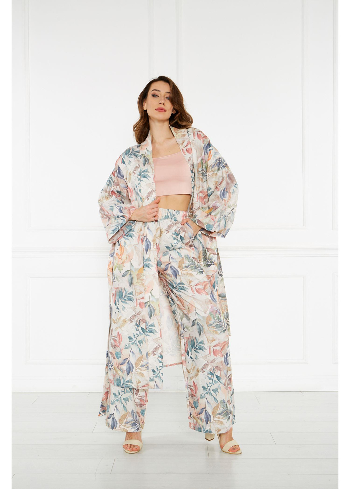 Desenli Keten Kimono-Yeşil