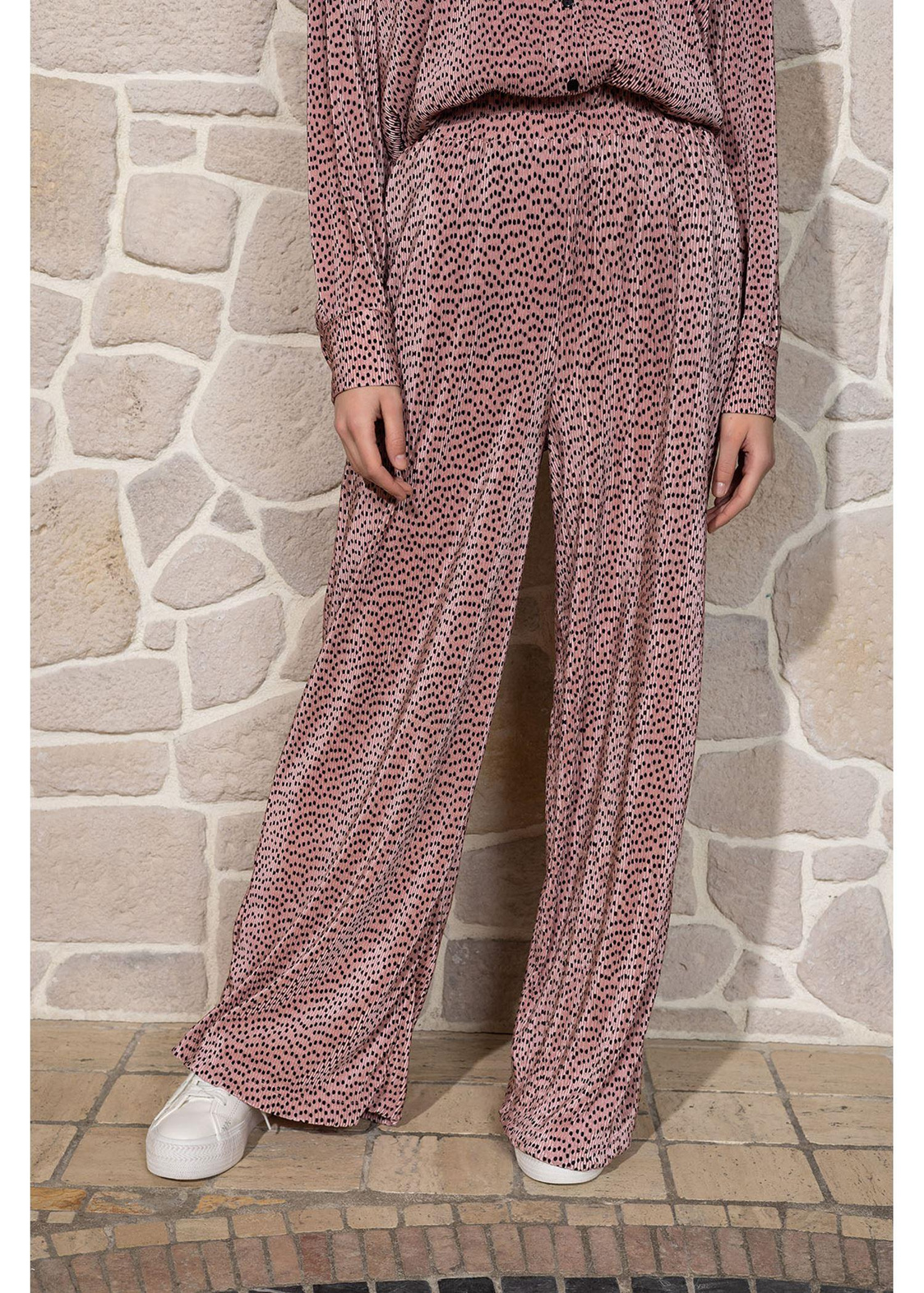 Desenli Örme Plise Pantolon-Pembe