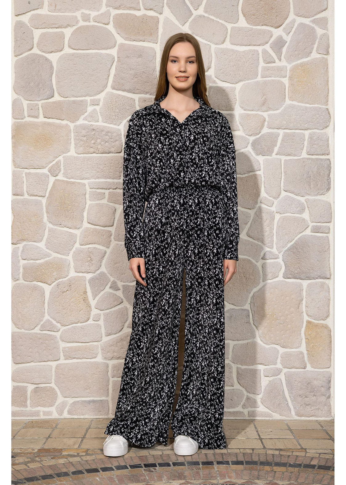 Desenli Örme Plise Pantolon-Siyah/Çiçek Desenli