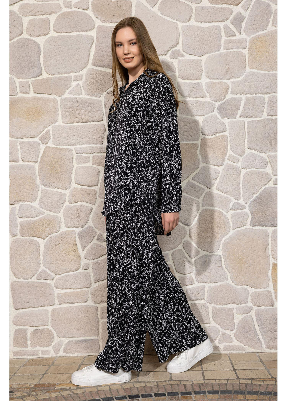 Desenli Örme Plise Pantolon-Siyah/Çiçek Desenli