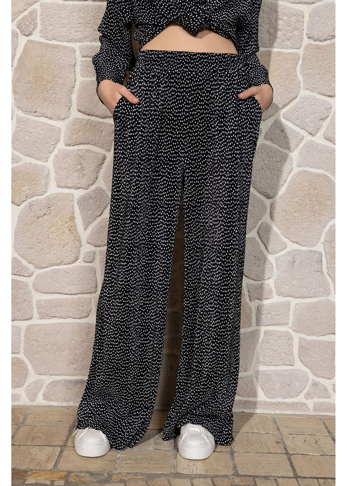 Desenli Örme Plise Pantolon-Siyah/Puantiye