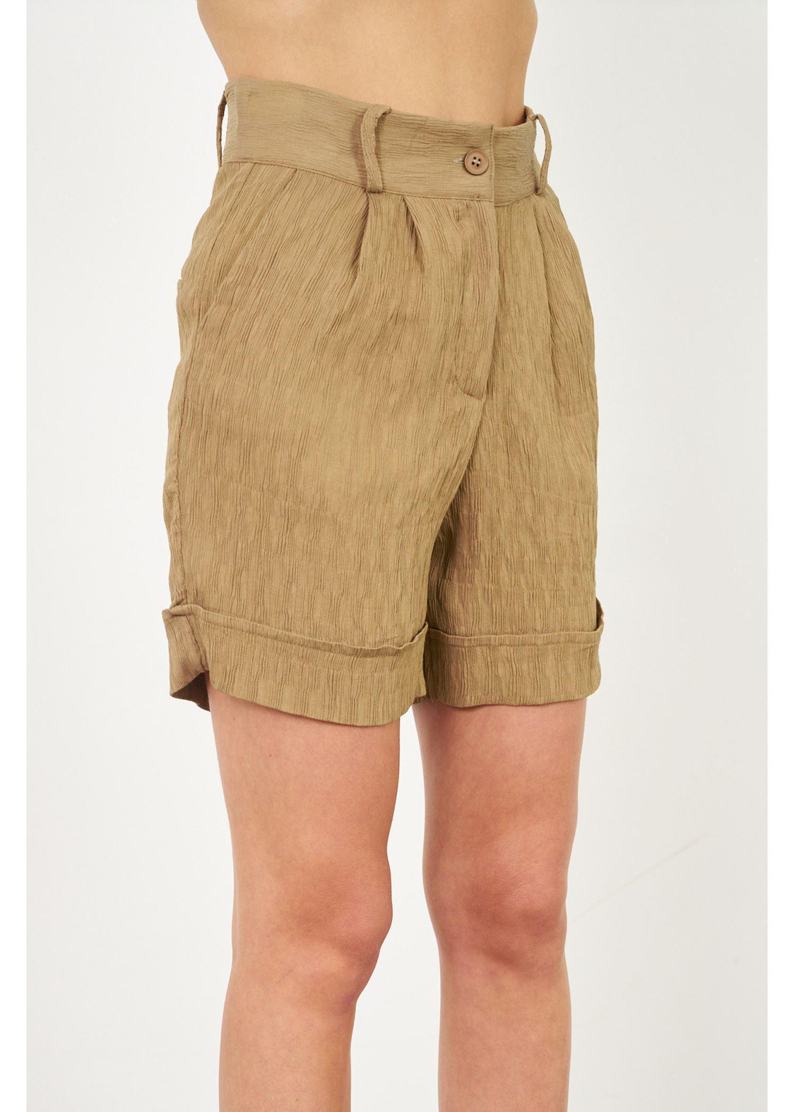 Duble Katlamalı Plise Şort-Vizon