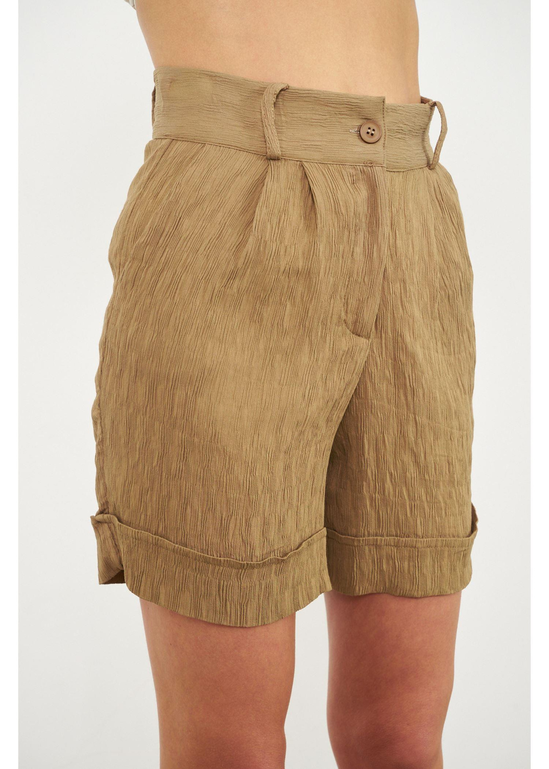 Duble Katlamalı Plise Şort-Vizon