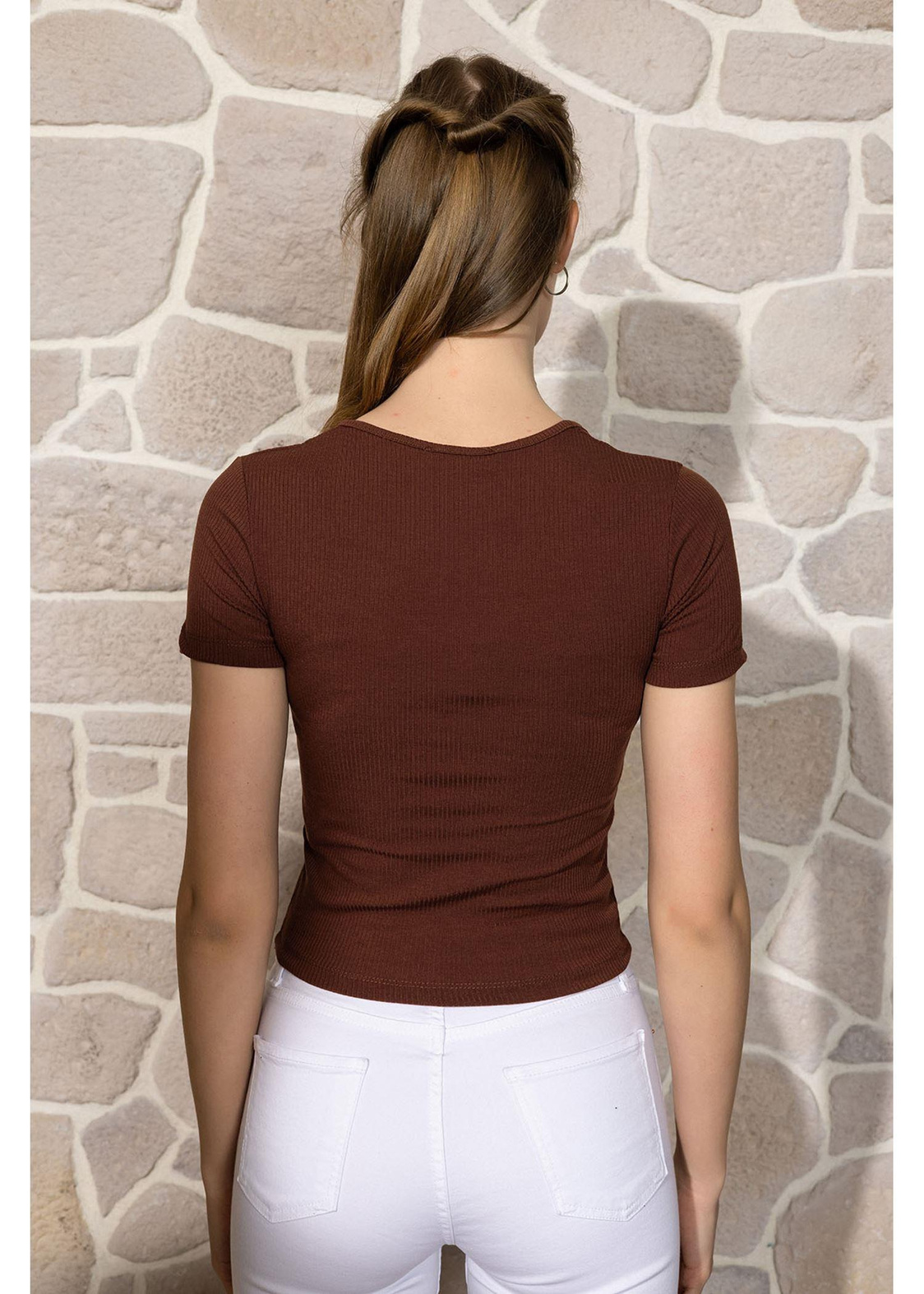Düğmeli Kısa Kol Basic T-shirt-Kahve