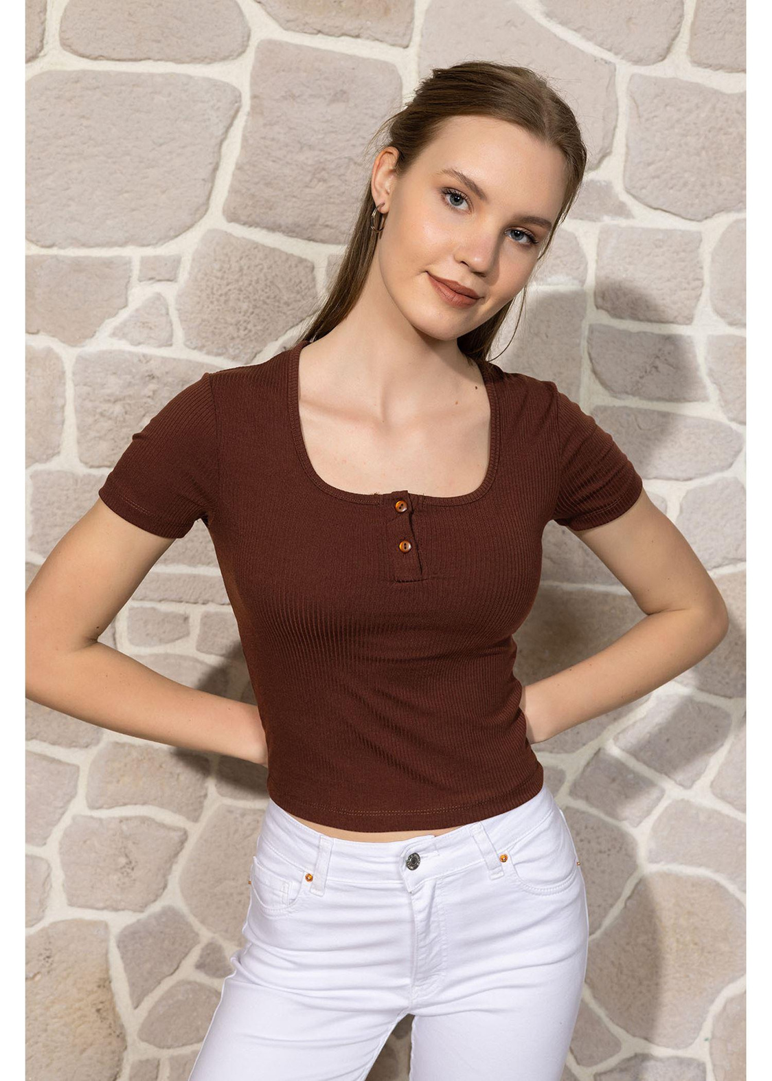 Düğmeli Kısa Kol Basic T-shirt-Kahve