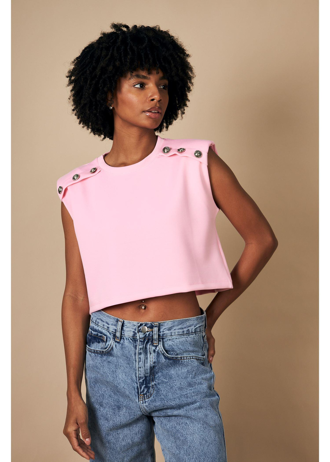 Düğmeli Sıfır Kol Dalgıç Crop Bluz-Pembe