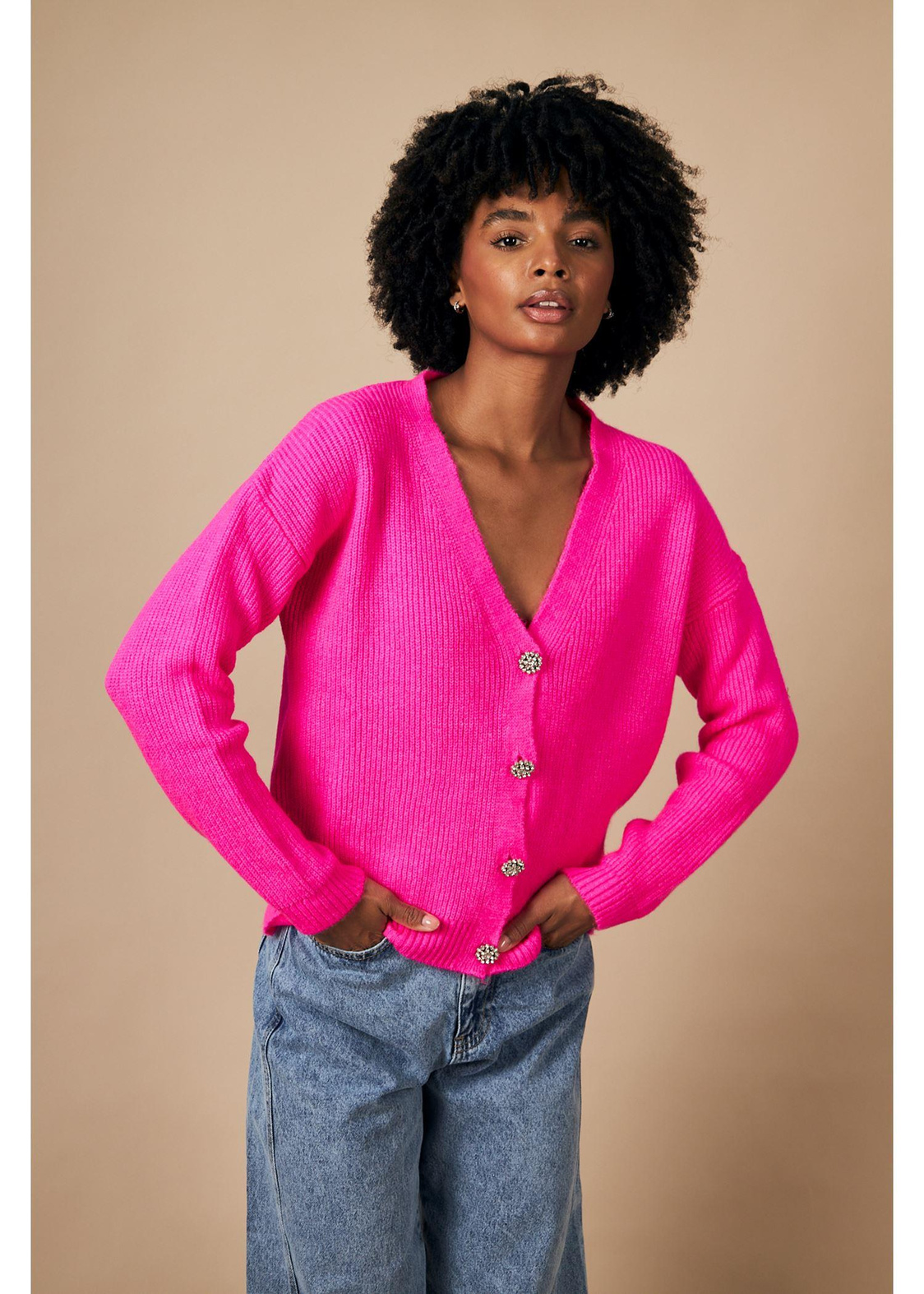 Düğmeli V Yaka Selanik Hırka-Fuşya