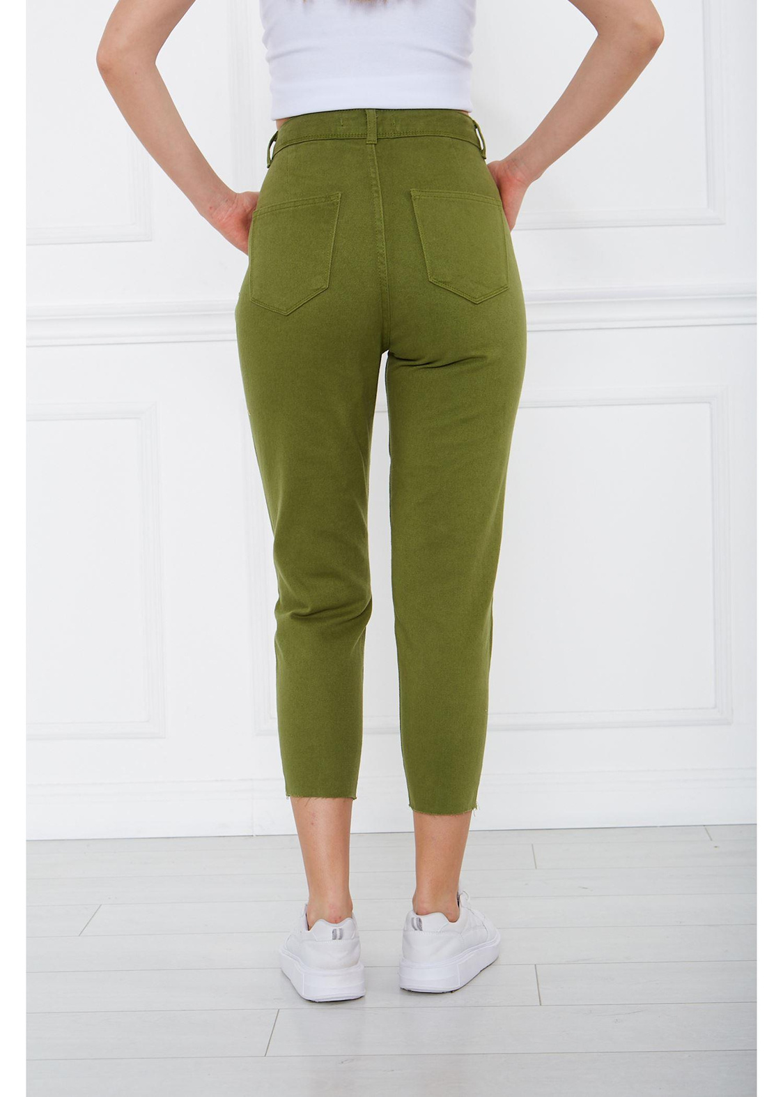 Düz Renk Mom Jean Pantolon-Yeşil