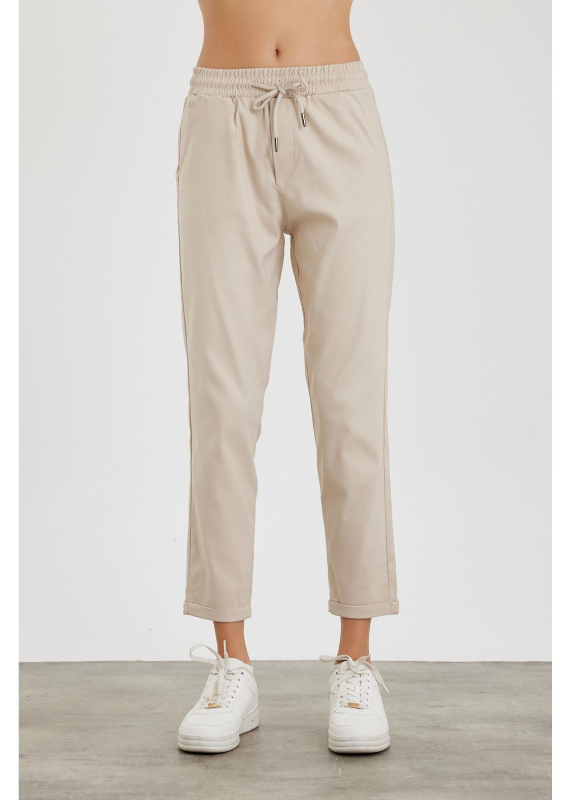 Elastik Bel Chino Pantolon-Krem
