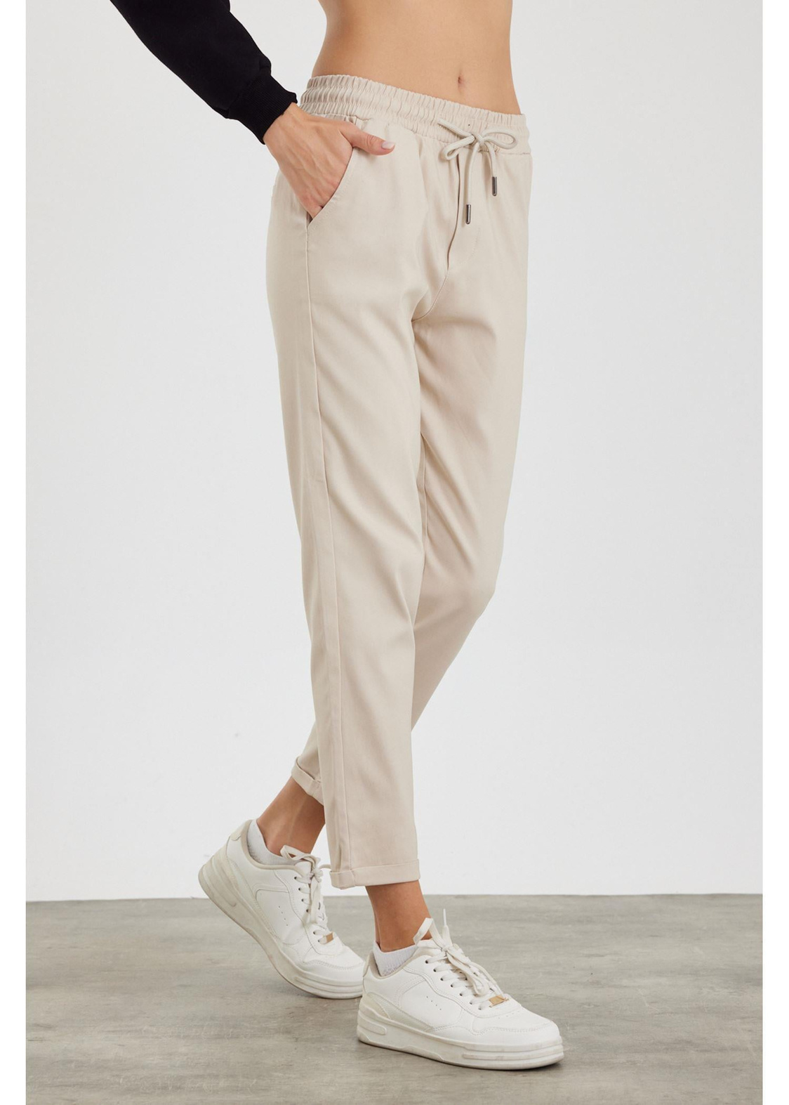 Elastik Bel Chino Pantolon-Krem