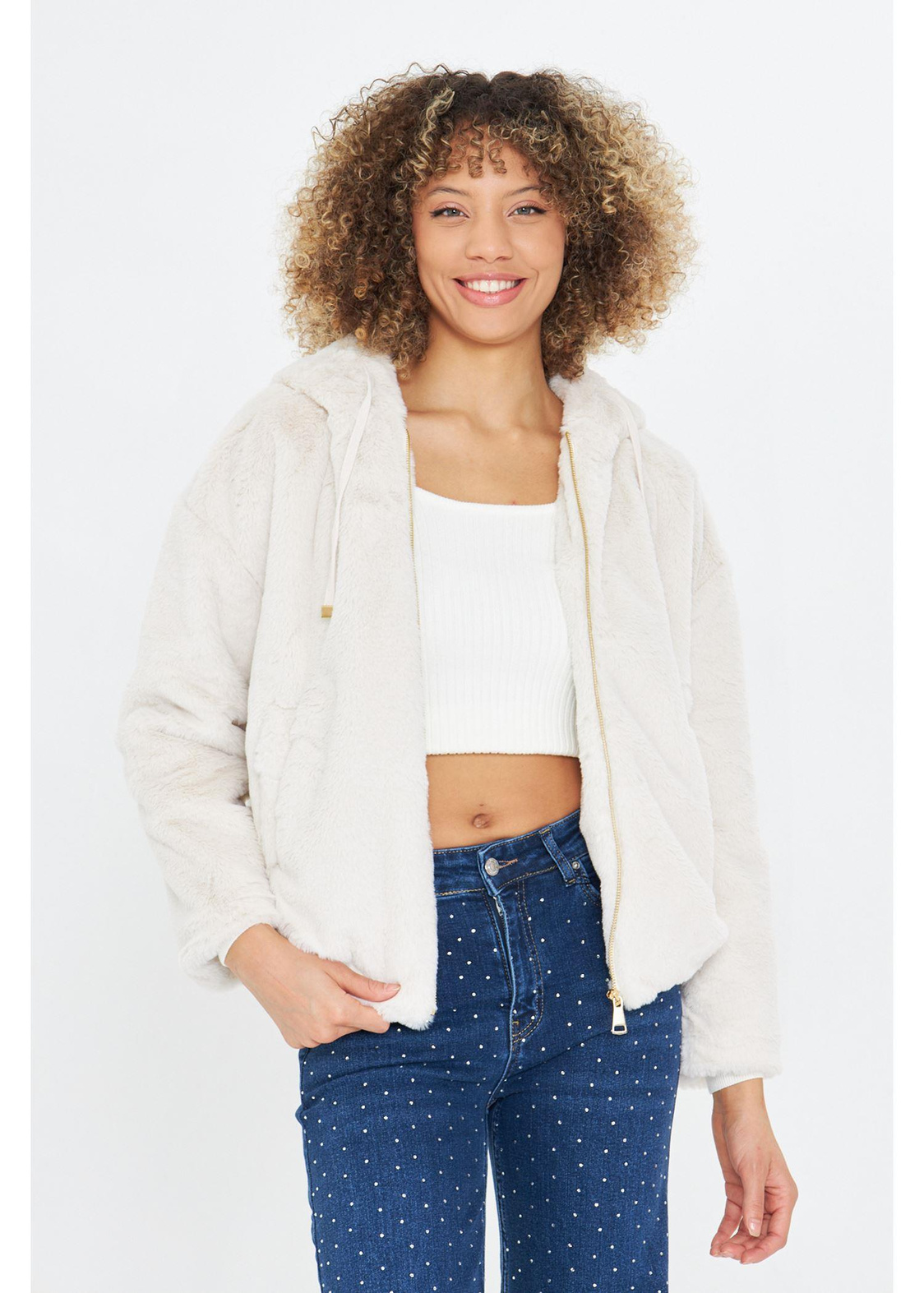 Etek Ucu Lastikli Kapüşonlu Peluş Mont