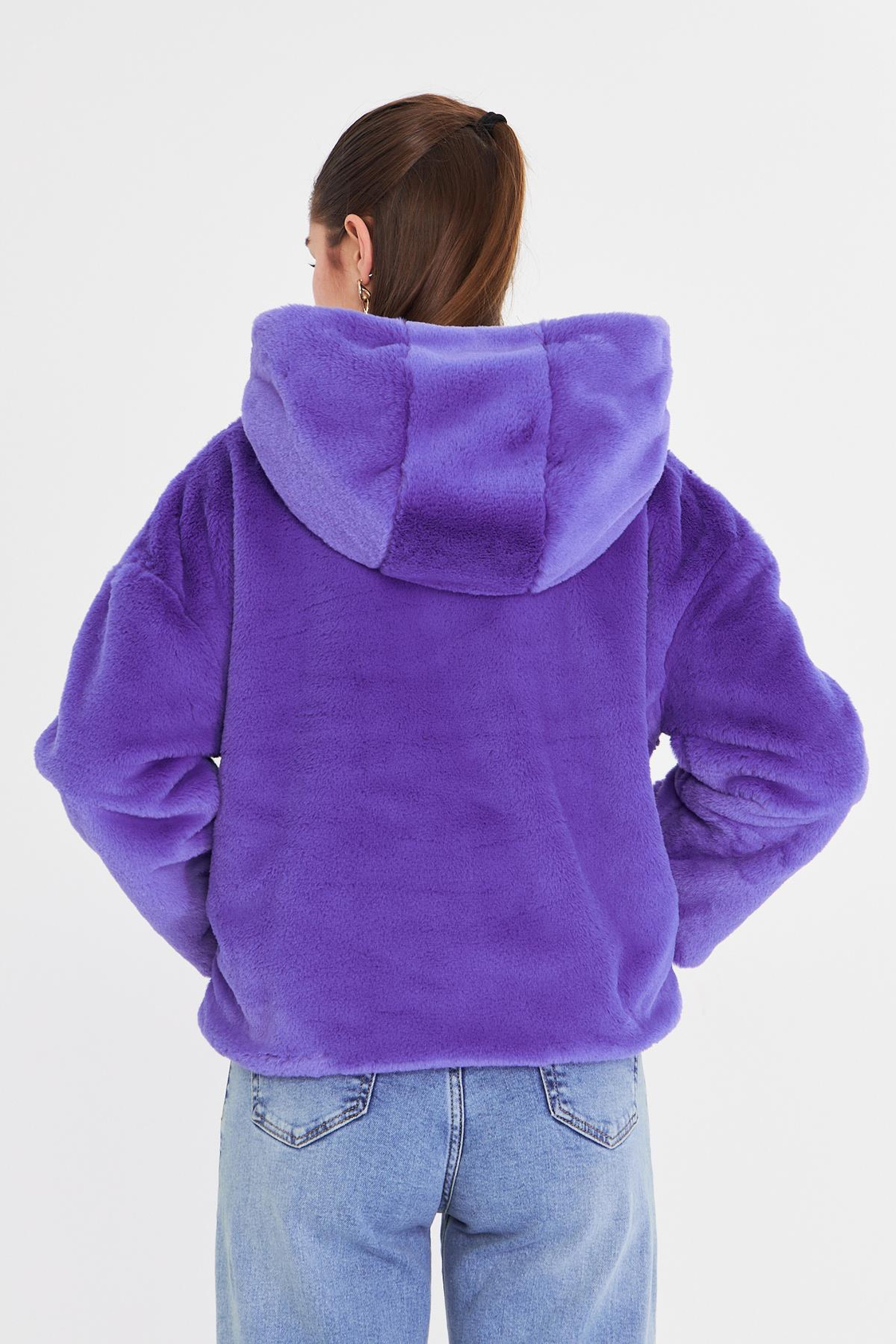Etek Ucu Lastikli Kapüşonlu Peluş Mont - Lila
