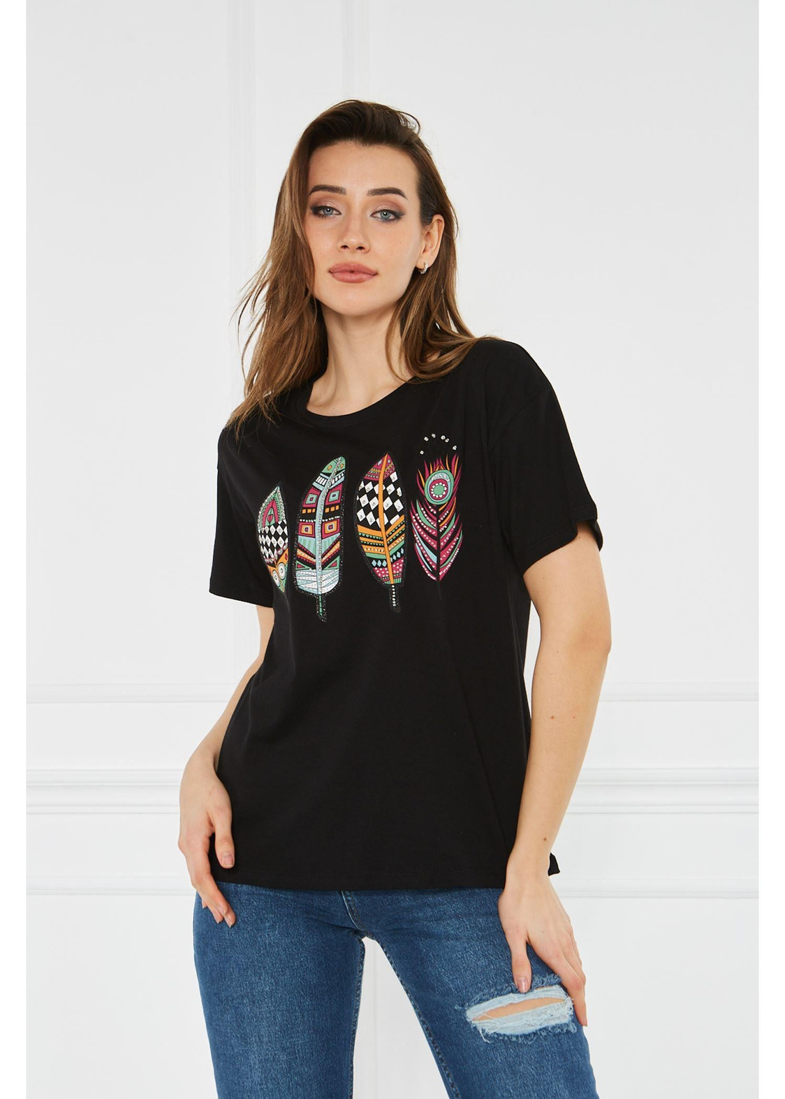 Etnik Desenli Basic Tshirt-Siyah