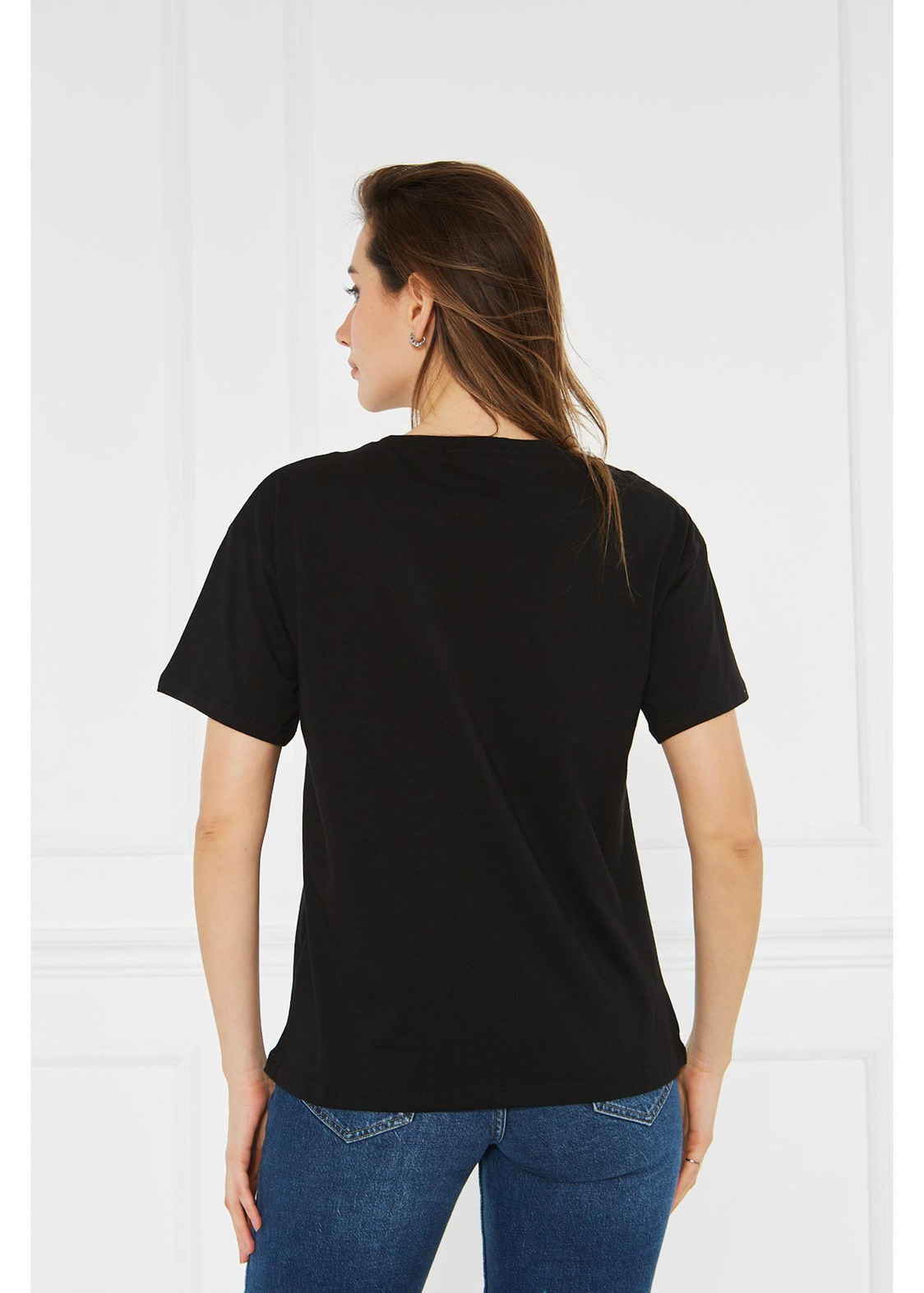 Etnik Desenli Basic Tshirt-Siyah