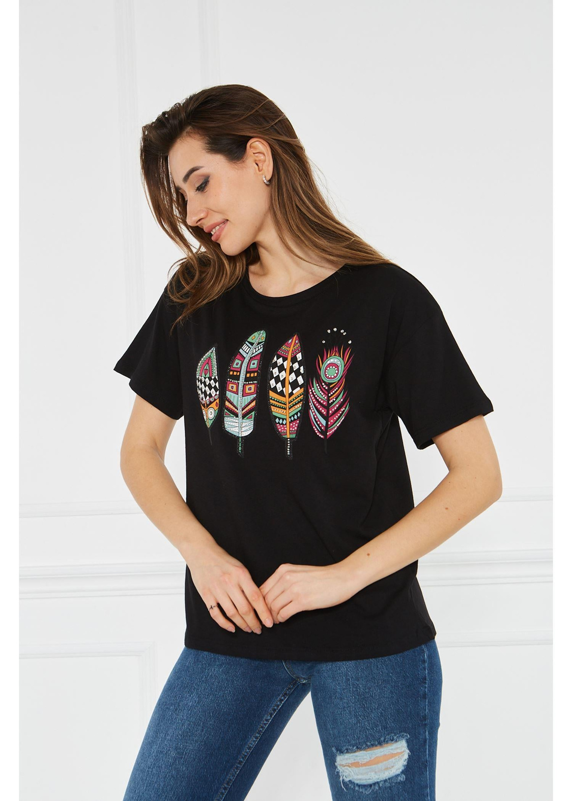 Etnik Desenli Basic Tshirt-Siyah