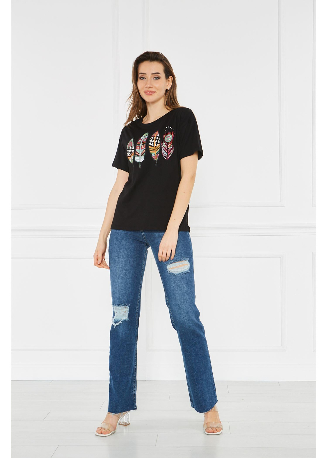 Etnik Desenli Basic Tshirt-Siyah