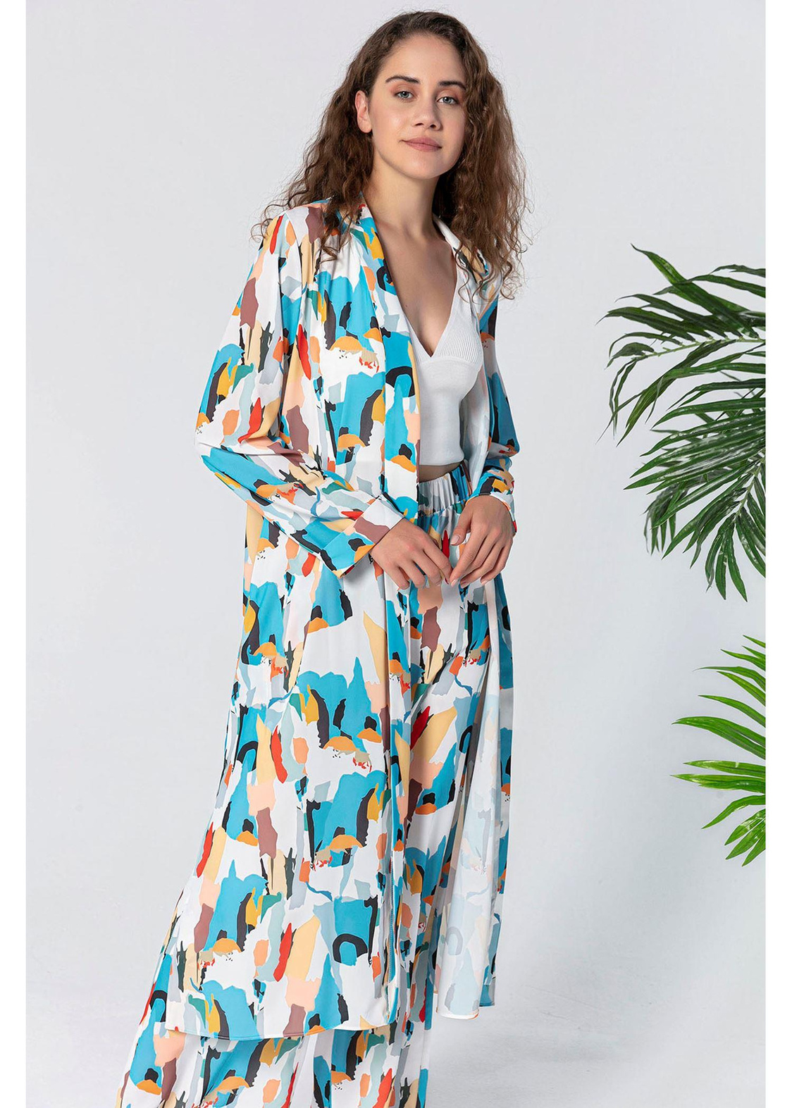 Etnik Desenli Kimono-Ekru