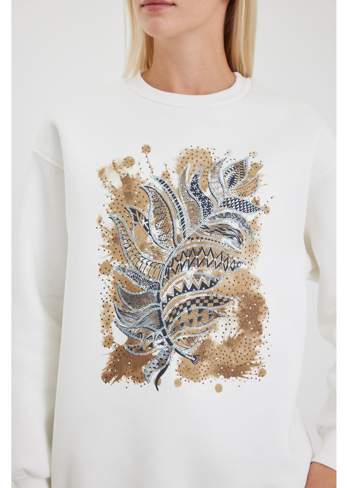 Etnik Desenli Pullu Sweatshirt-Ekru