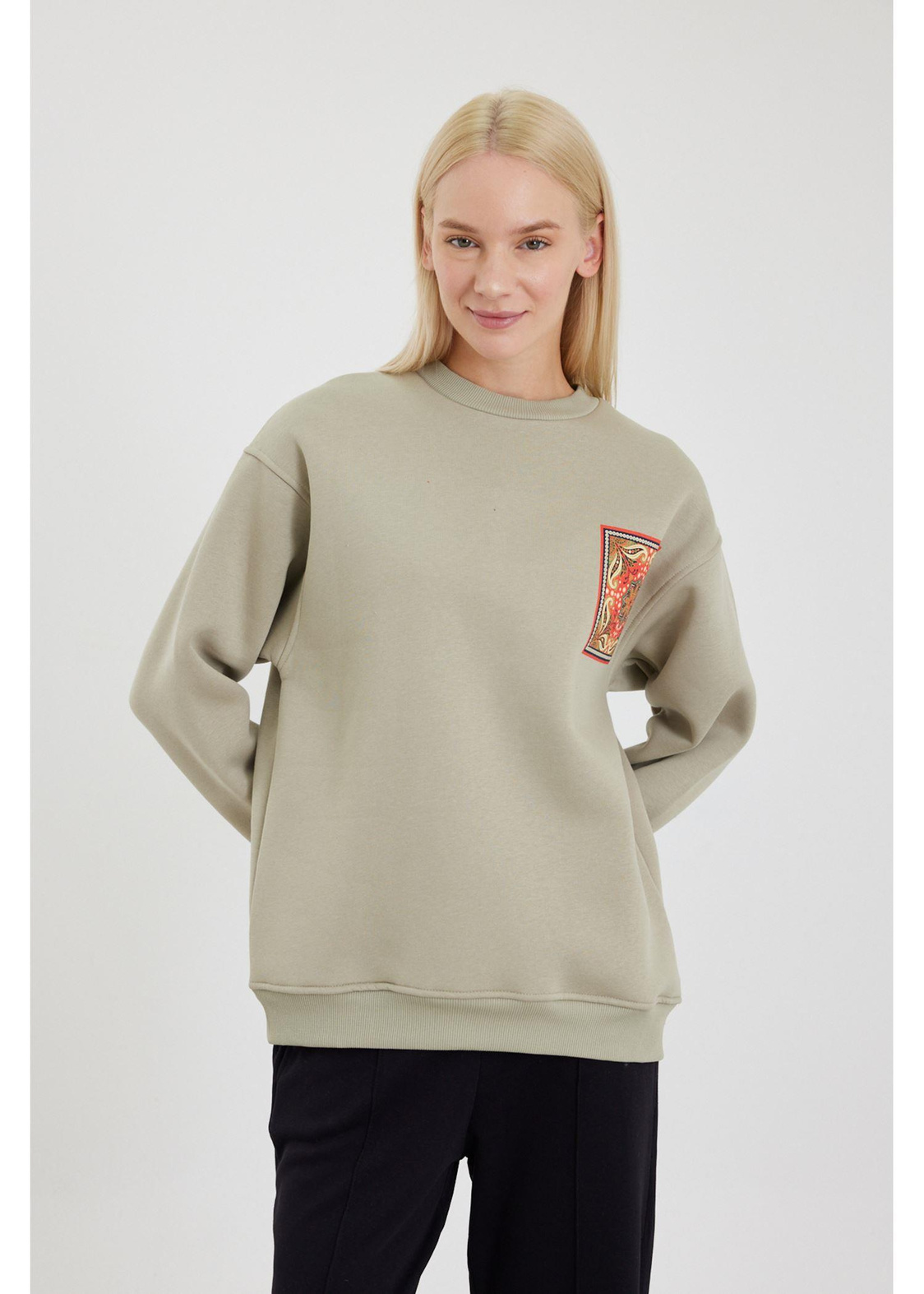 Etnik Desenli Sweatshirt-Yeşil