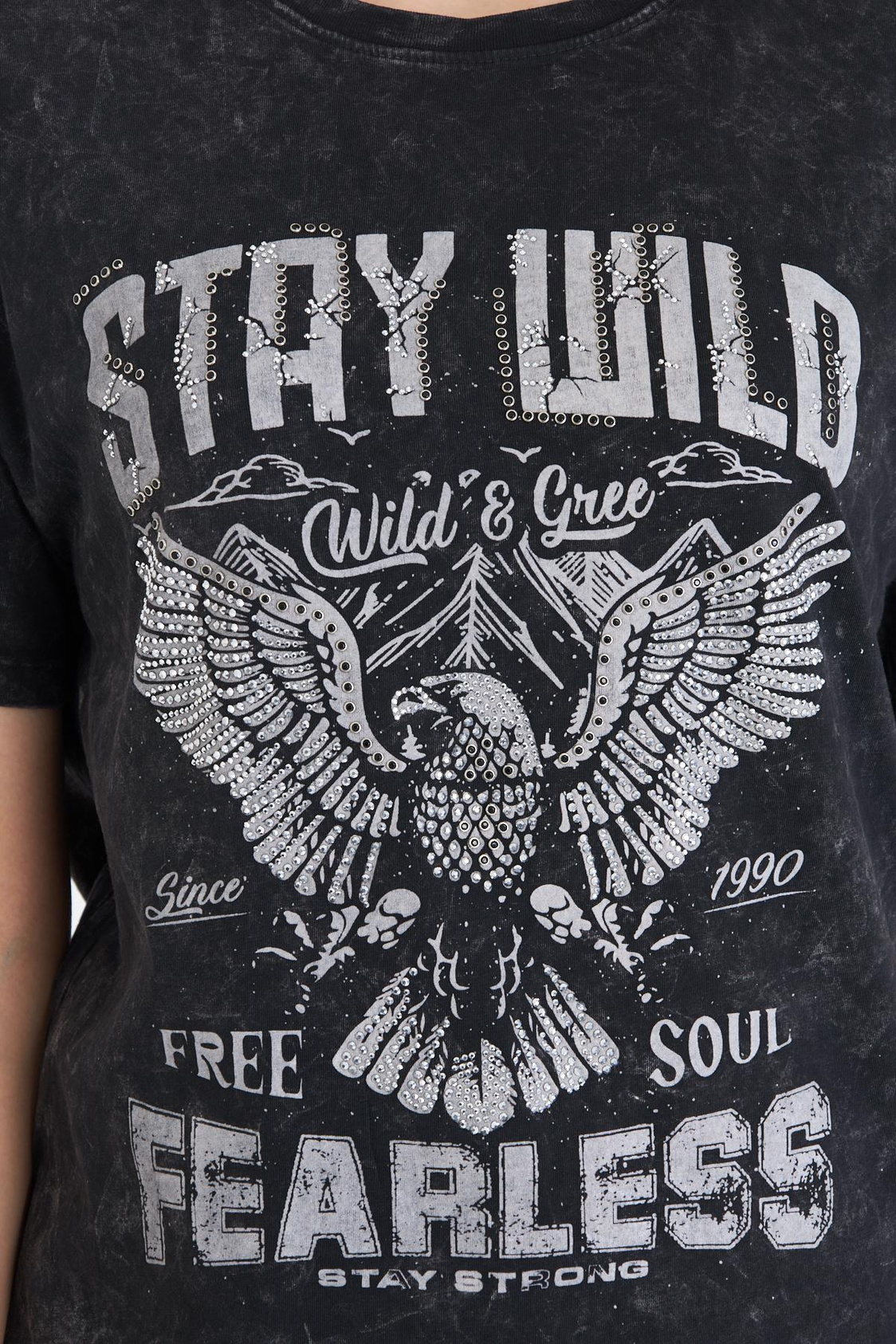 Fearless Yıkamalı Taşlı T-shirt - Gri