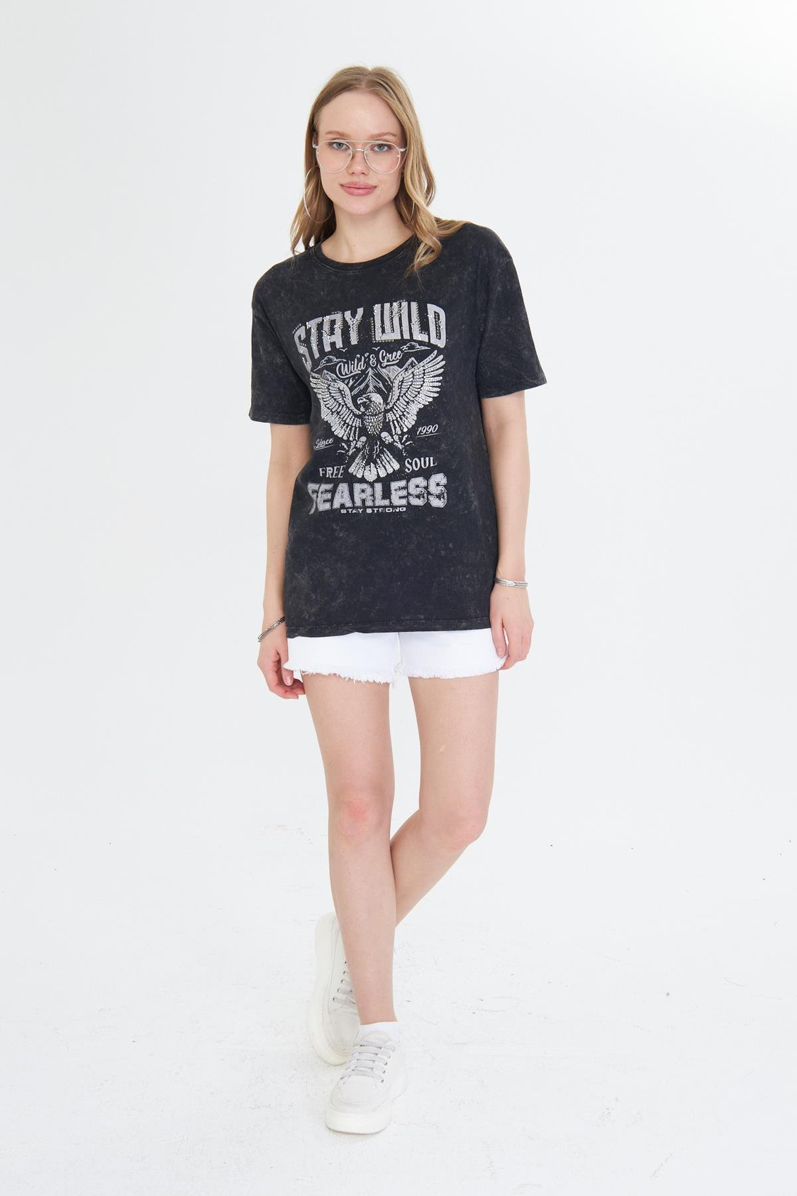 Fearless Yıkamalı Taşlı T-shirt - Gri