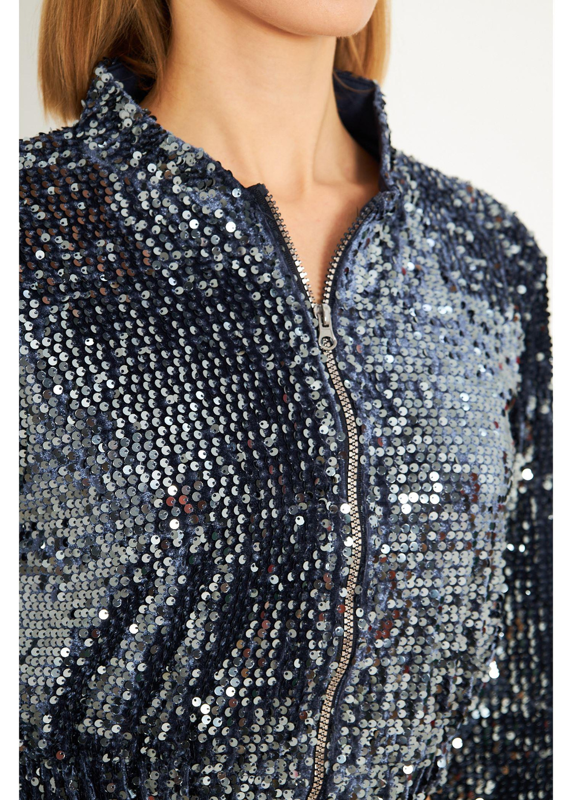 Fermuarlı Kadife Pul Payet Ceket