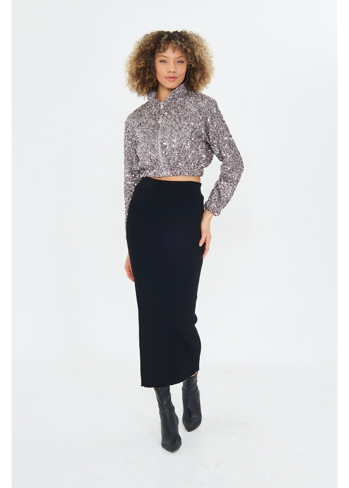 Fermuarlı Kadife Pul Payet Ceket