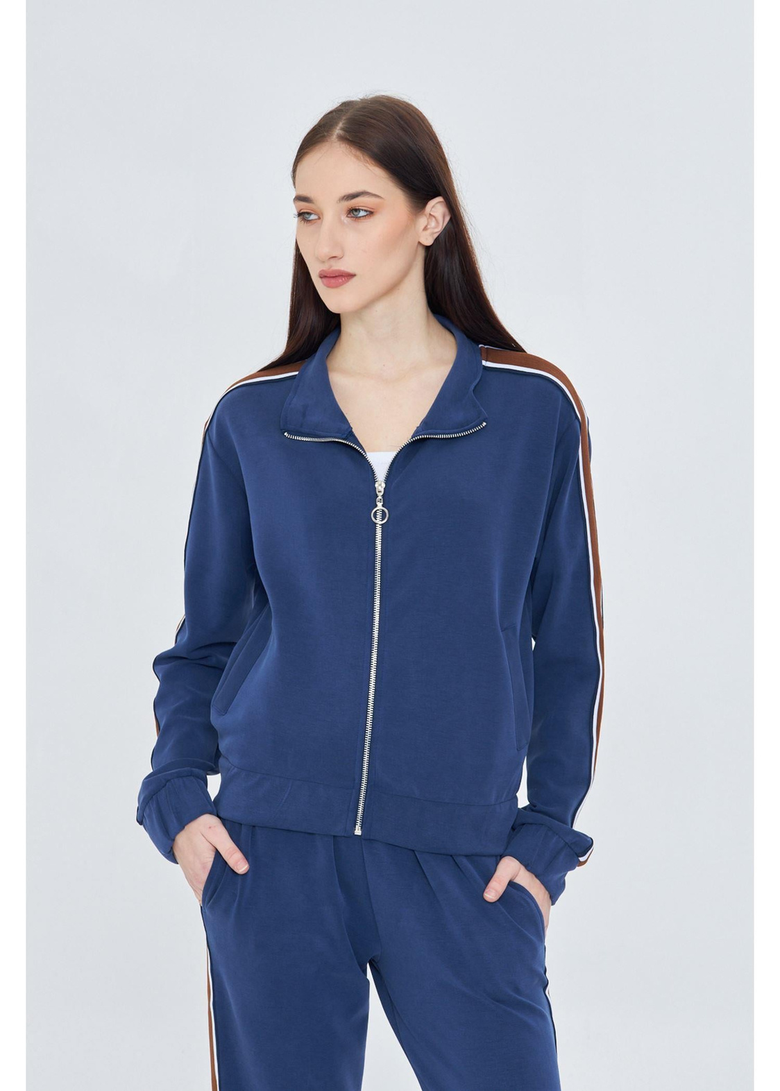 Fermuarlı Şeritli Dalgıç Sweatshirt-Lacivert