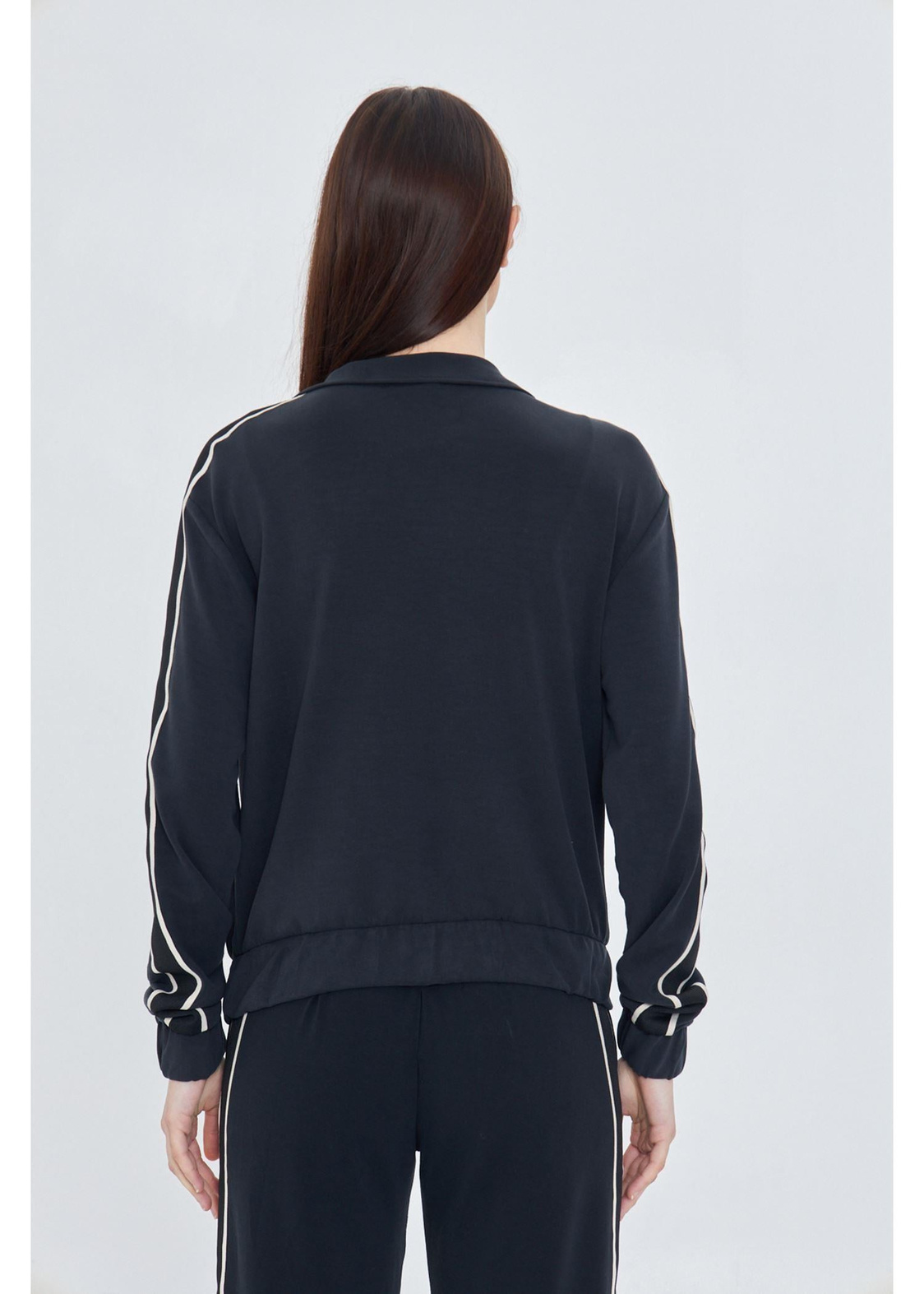Fermuarlı Şeritli Dalgıç Sweatshirt-Siyah