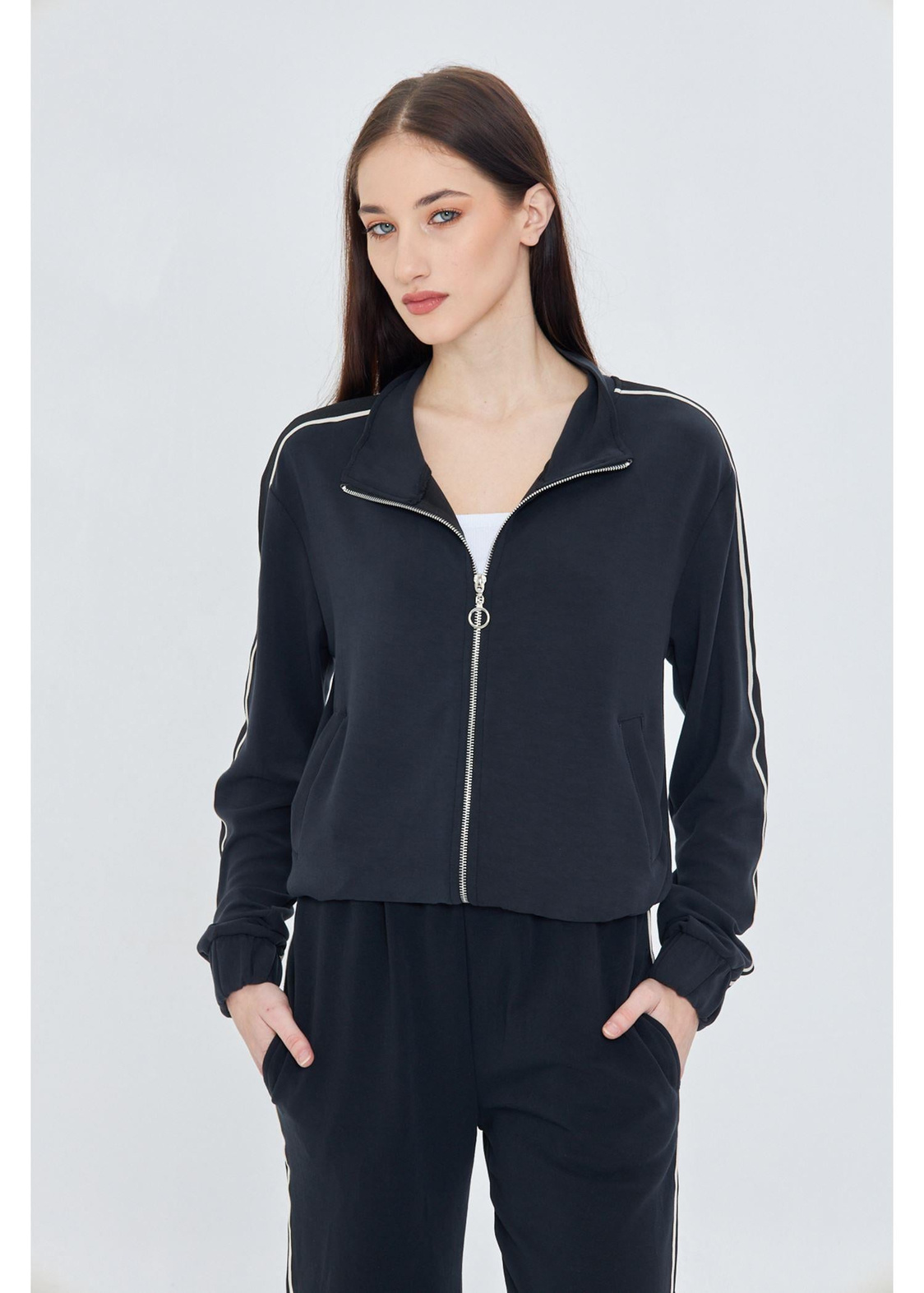 Fermuarlı Şeritli Dalgıç Sweatshirt-Siyah
