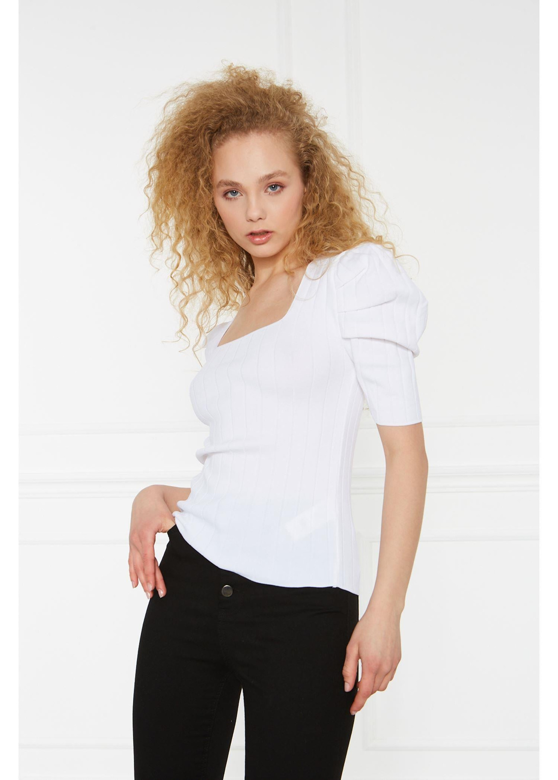Fitilli Karpuz Kol Triko Tshirt-Ekru