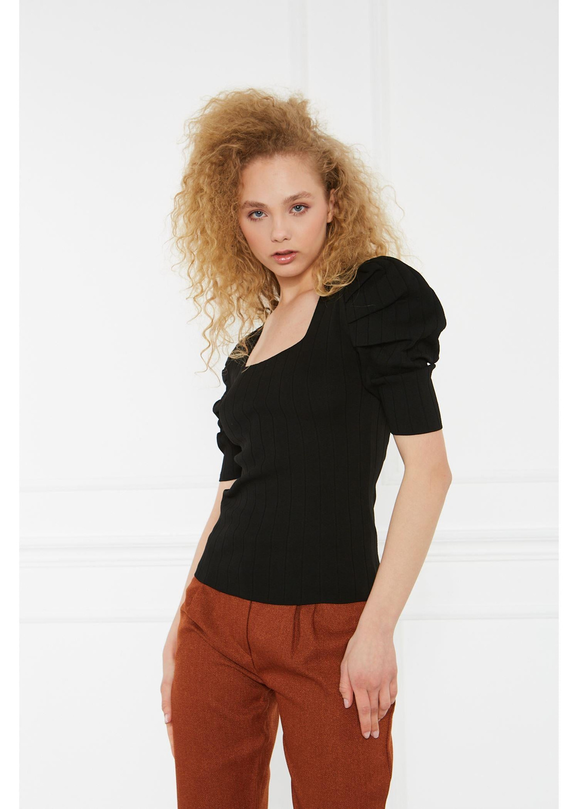 Fitilli Karpuz Kol Triko Tshirt-Siyah