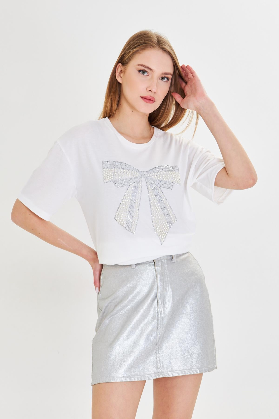 Fiyonk Baskılı Taşlı T-shirt