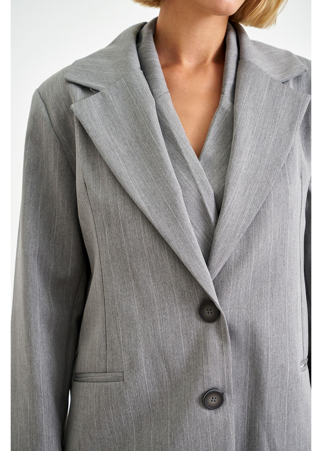 Fleto Cepli Çizgili Poliviskon Ceket-Gri