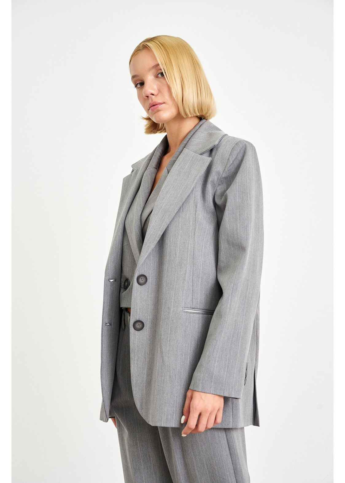 Fleto Cepli Çizgili Poliviskon Ceket-Gri