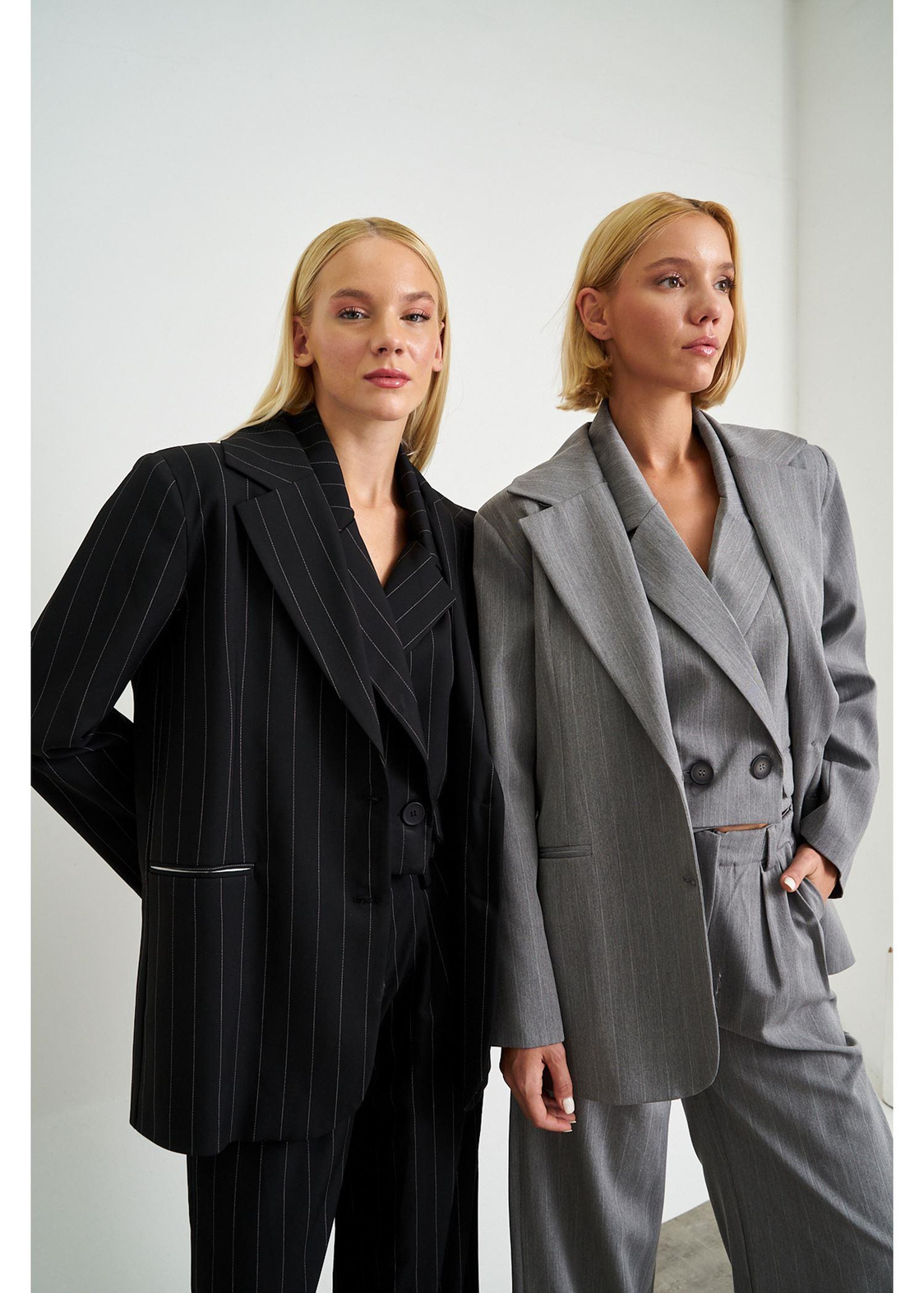 Fleto Cepli Çizgili Poliviskon Ceket-Gri