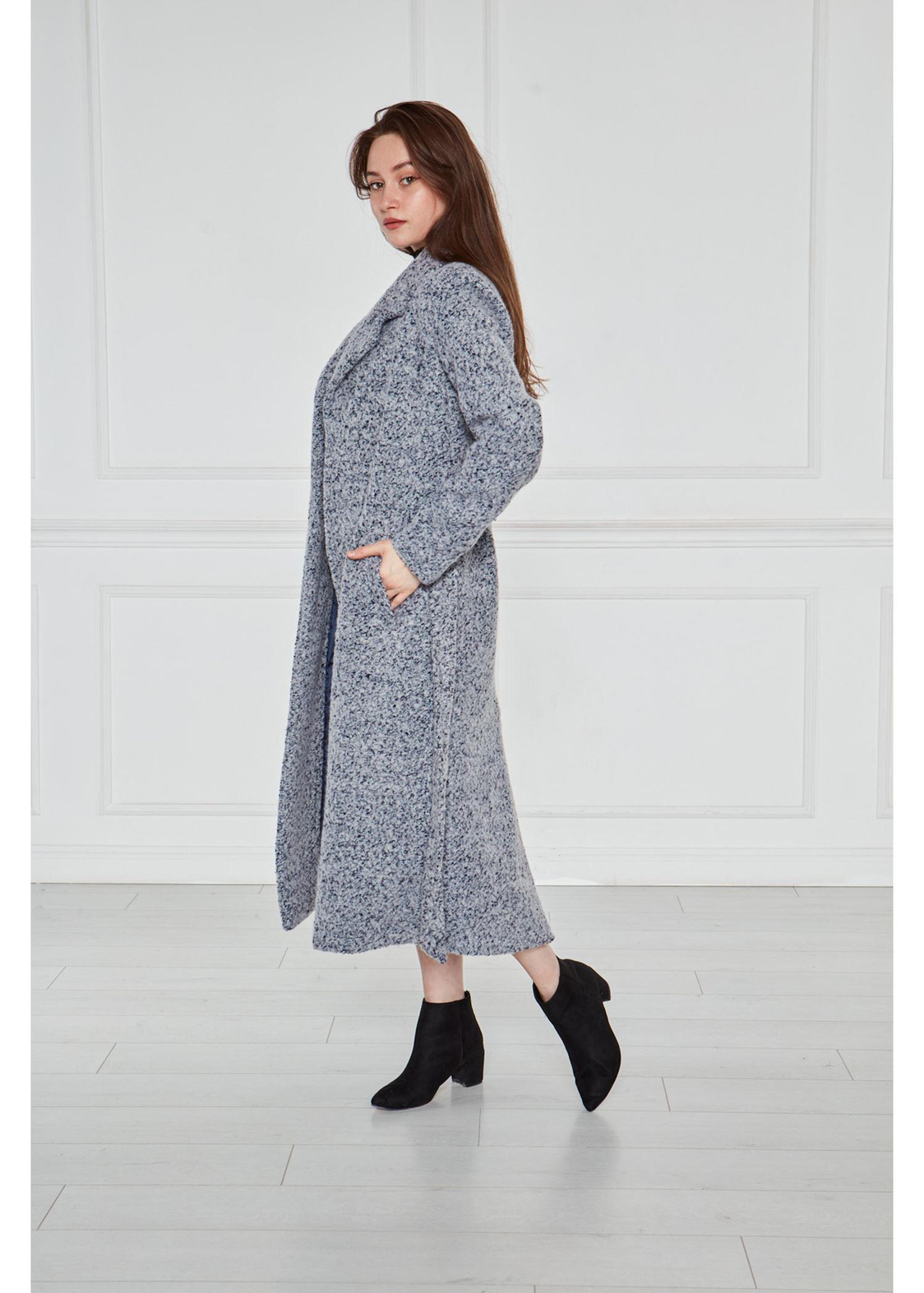 Fleto Cepli Renkli Kaşe Kaban-Gri