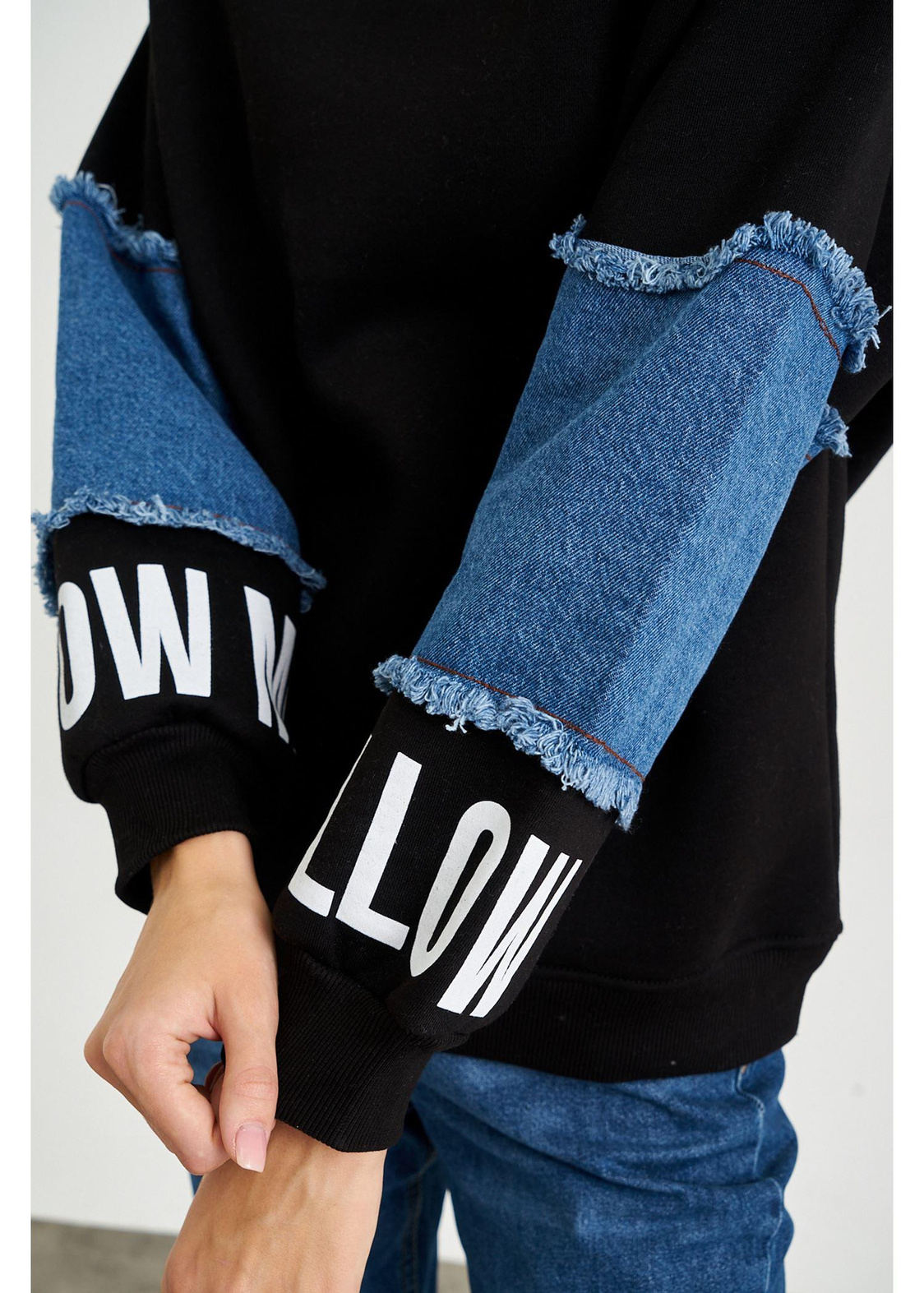 Follow Me Jean Detaylı Sweatshirt-Siyah