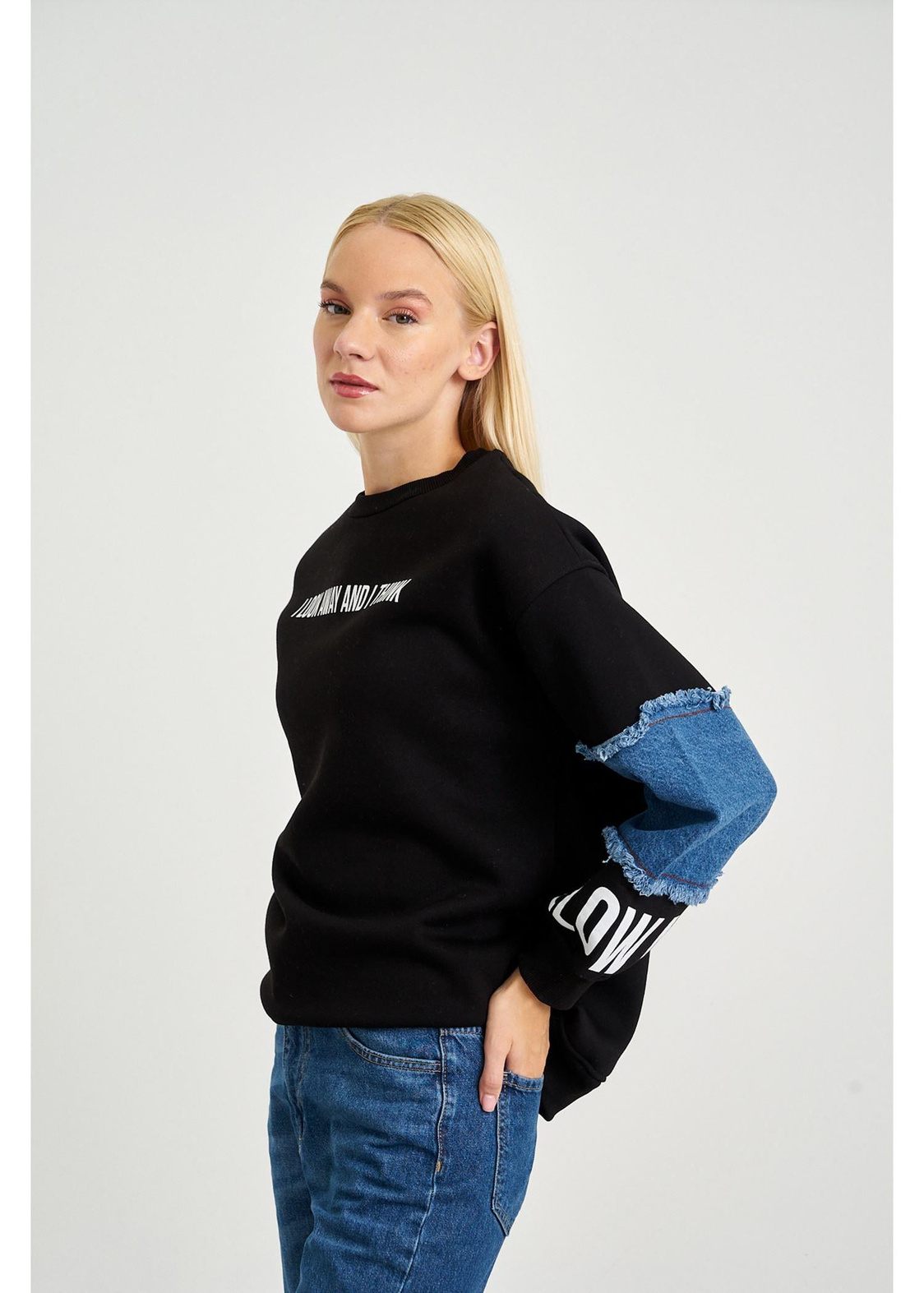 Follow Me Jean Detaylı Sweatshirt-Siyah