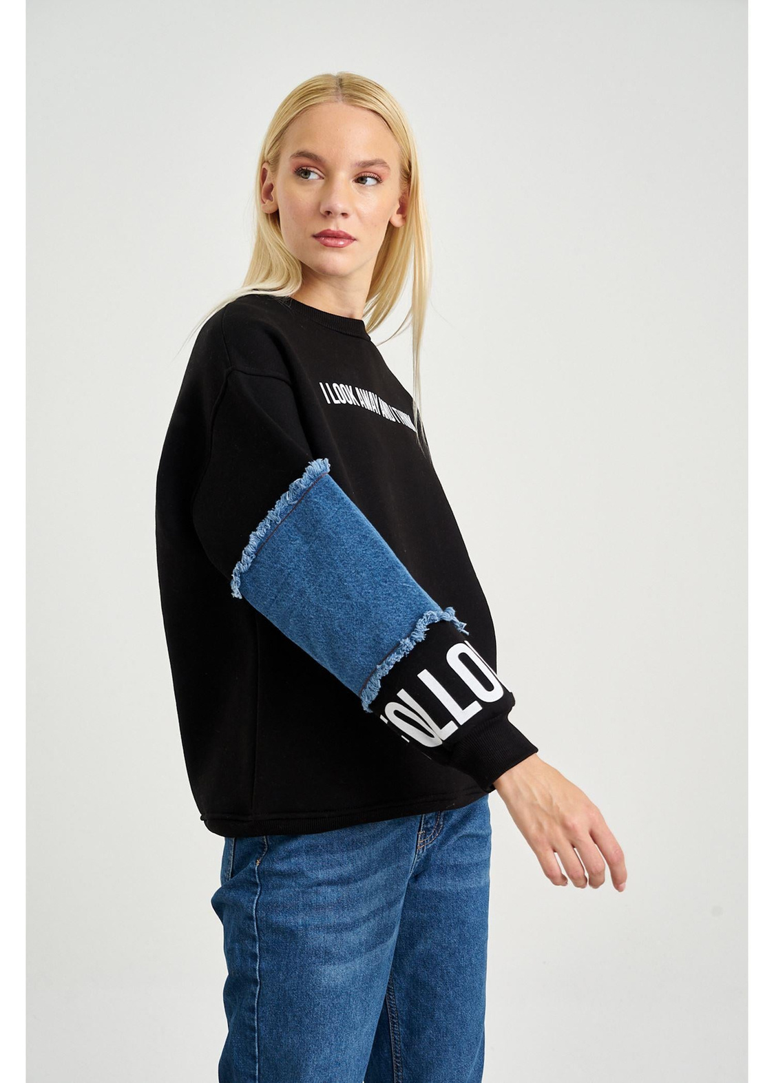 Follow Me Jean Detaylı Sweatshirt-Siyah
