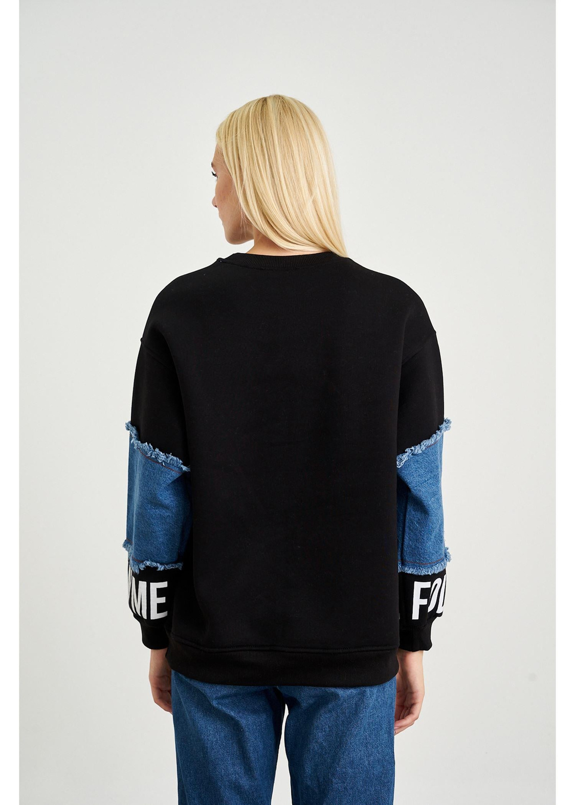 Follow Me Jean Detaylı Sweatshirt-Siyah