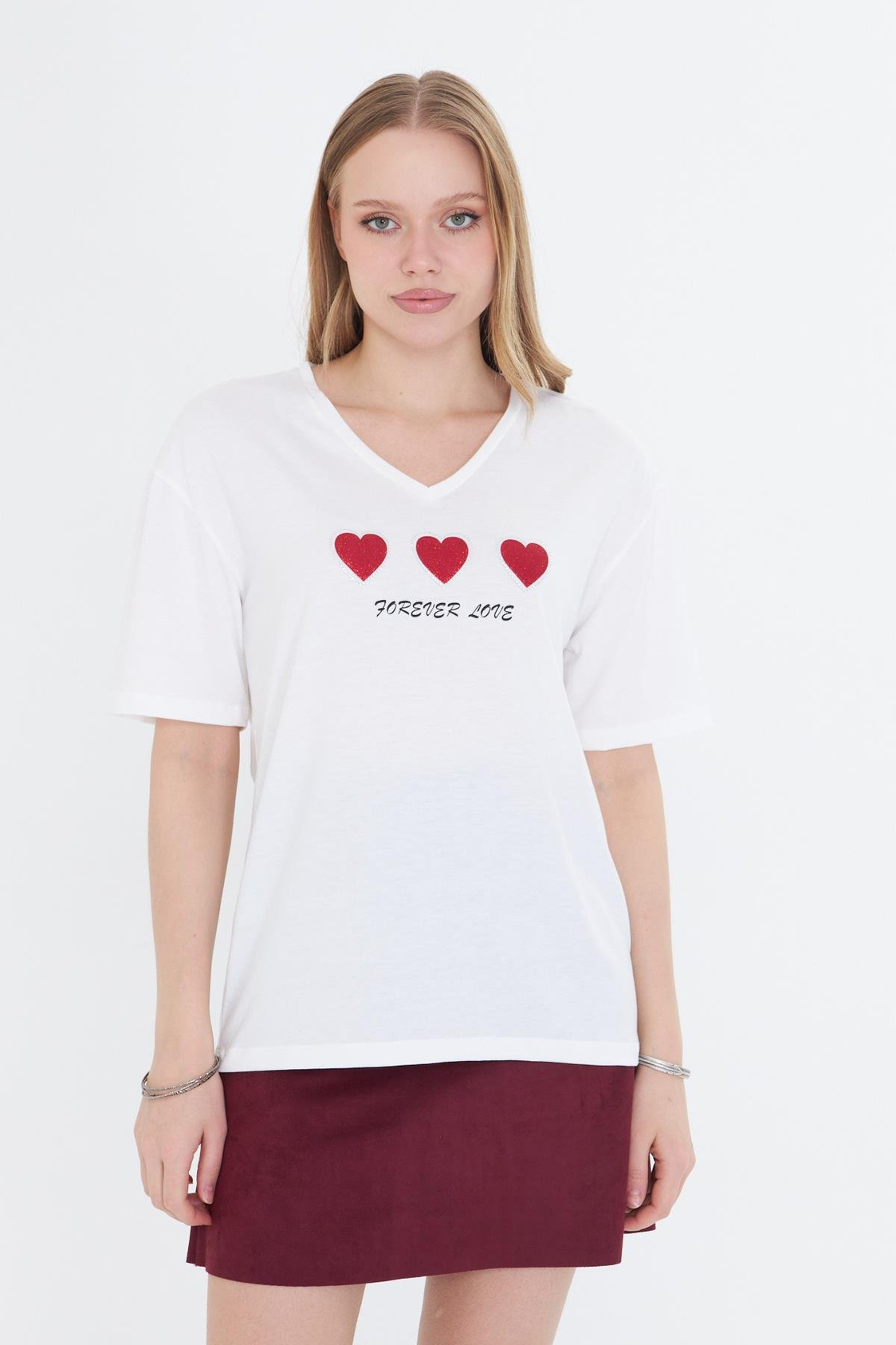 Forever Love Baskılı T-shirt - Ekru/Bordo