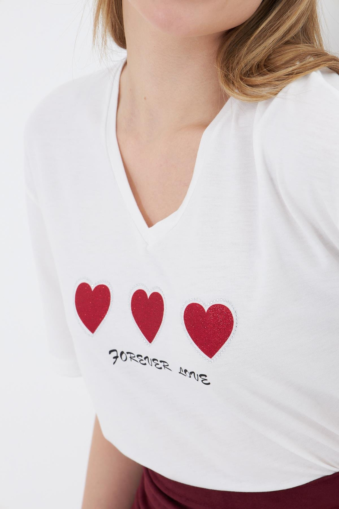 Forever Love Baskılı T-shirt - Ekru/Bordo