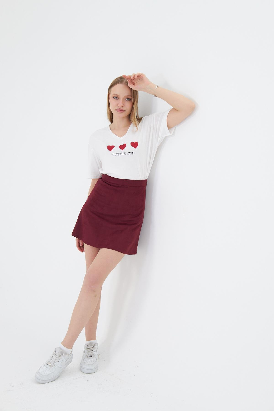 Forever Love Baskılı T-shirt - Ekru/Bordo