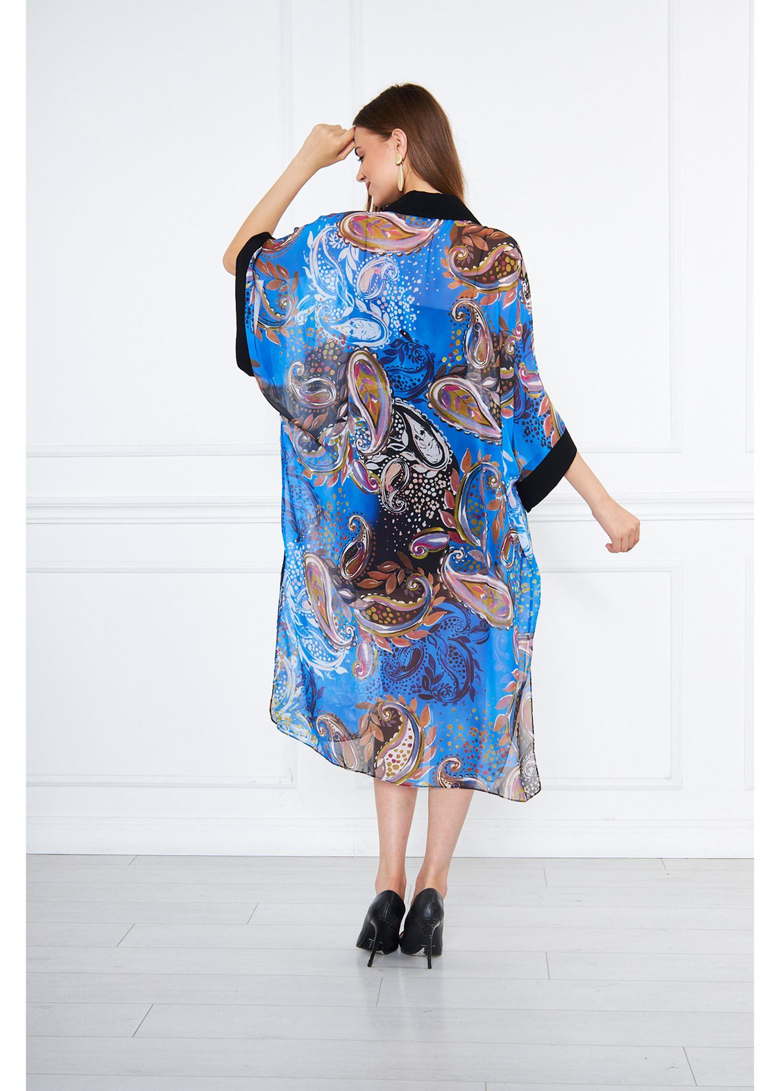Garnili Çiçekli Şifon Kimono-Mavi