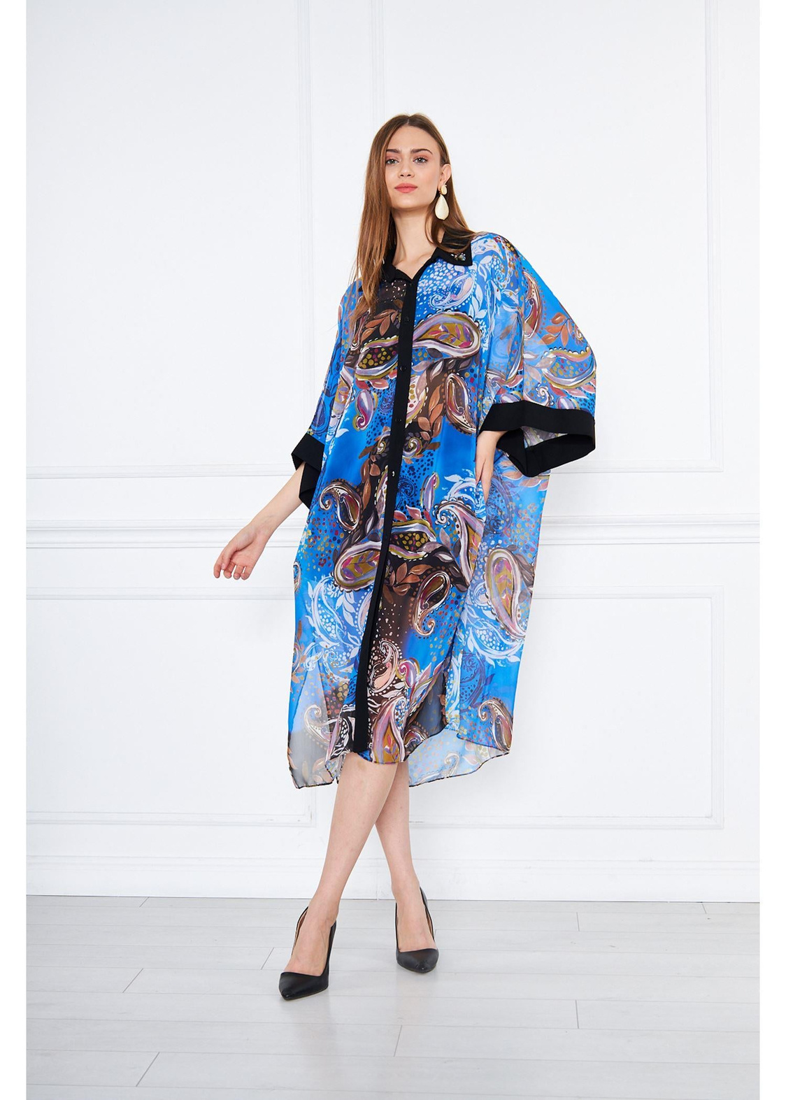 Garnili Çiçekli Şifon Kimono-Mavi