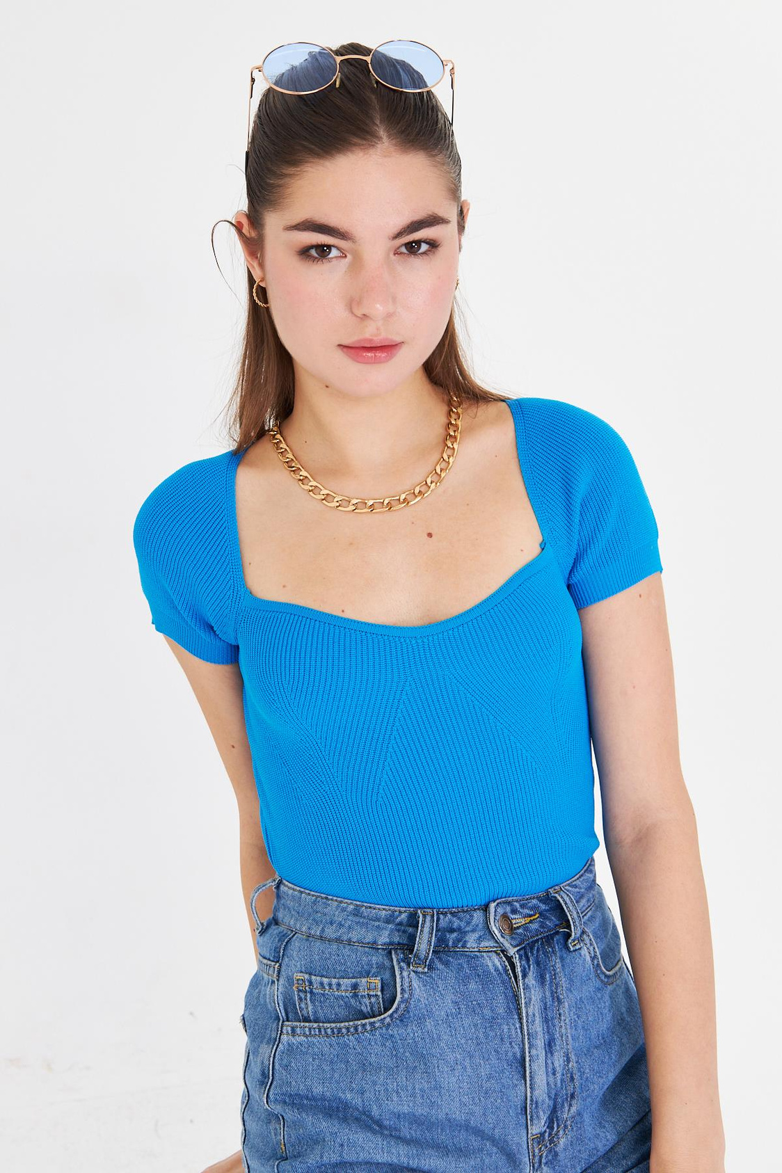 Geniş Yaka Kısa Kol Triko - Mavi