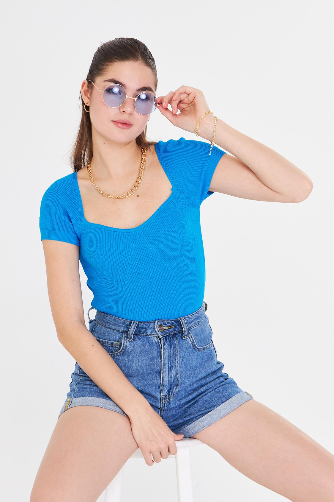 Geniş Yaka Kısa Kol Triko - Mavi